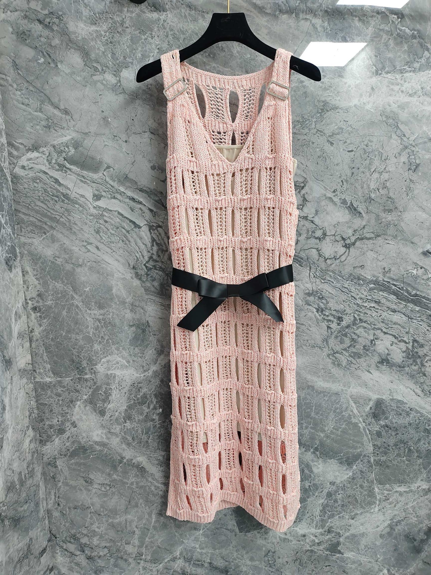 25 light pink knit cutout dress