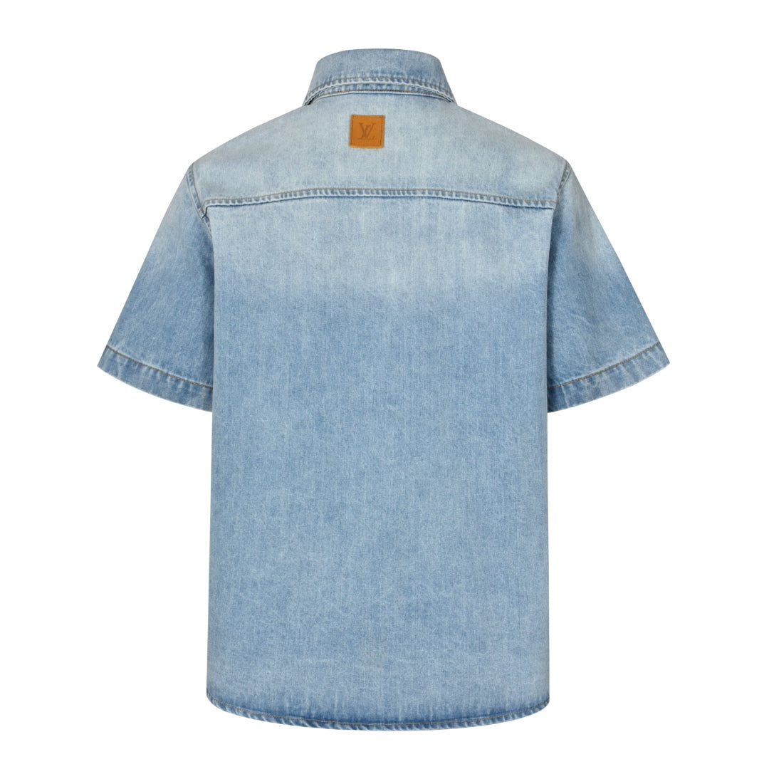 25ss Embroidered pocket half-sleeve denim shirt