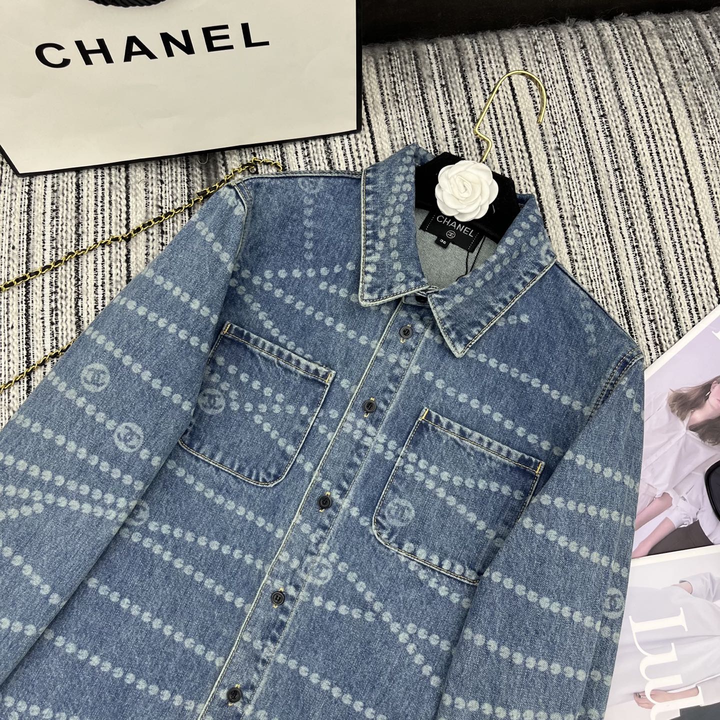 25ss Chain print lapel denim shirt