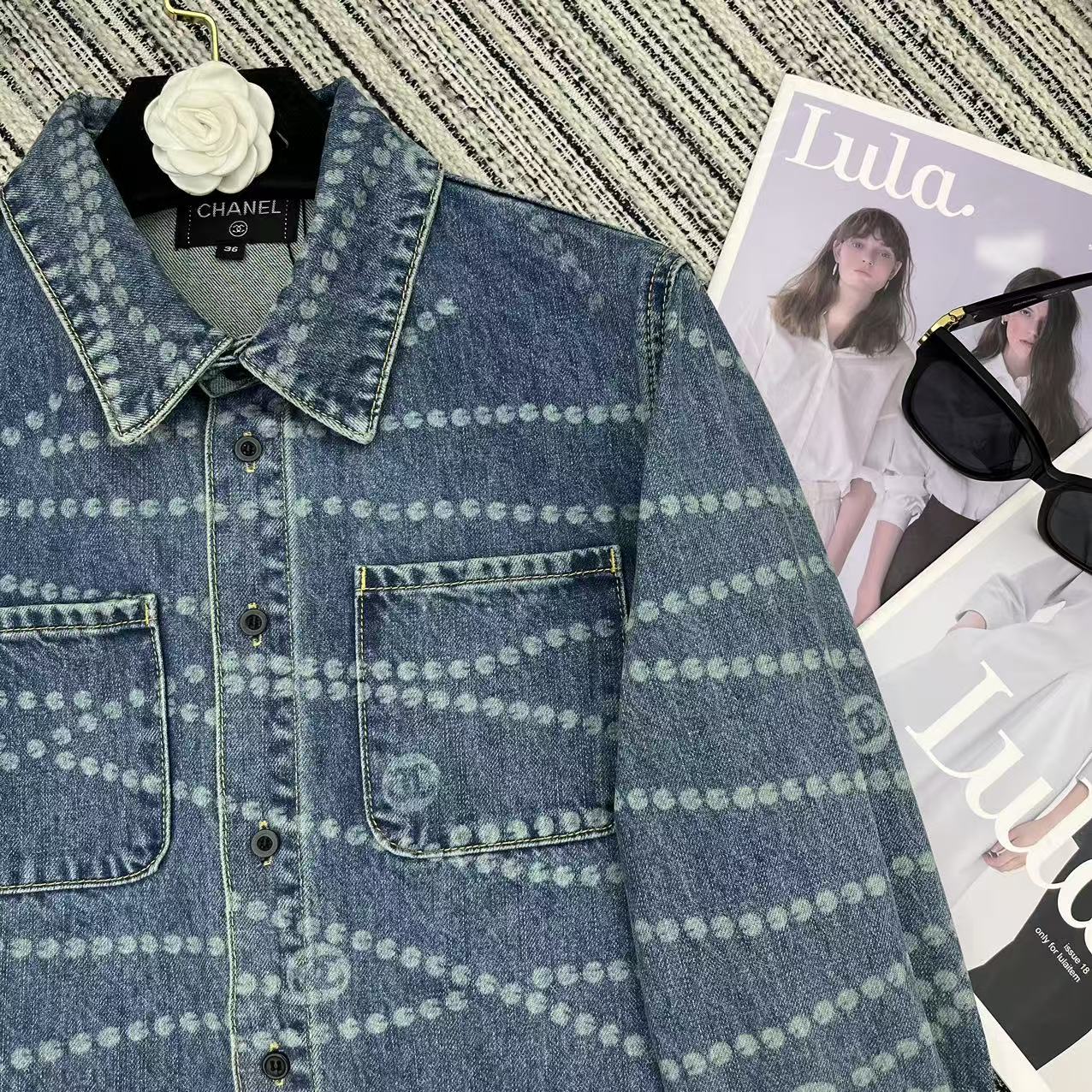 25ss Chain print lapel denim shirt