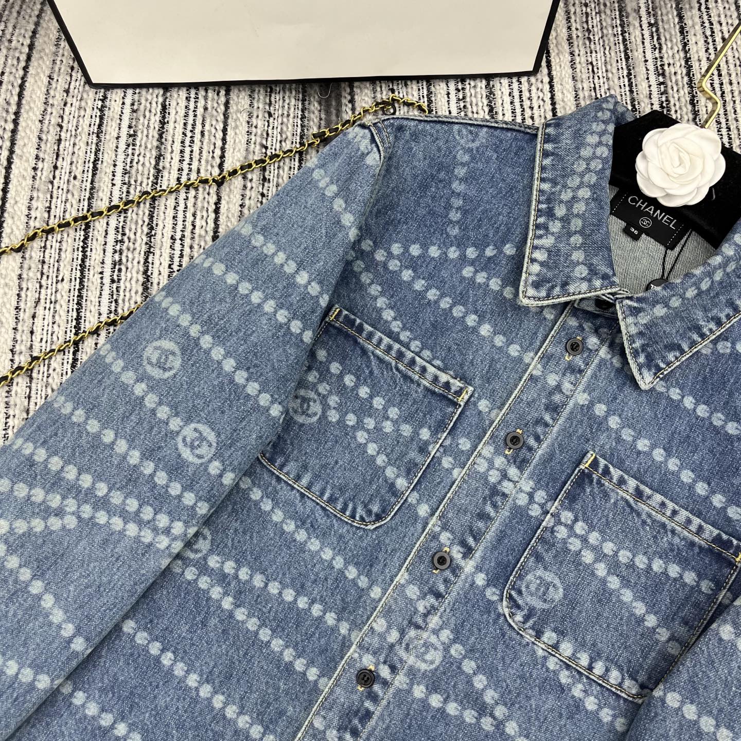 25ss Chain print lapel denim shirt