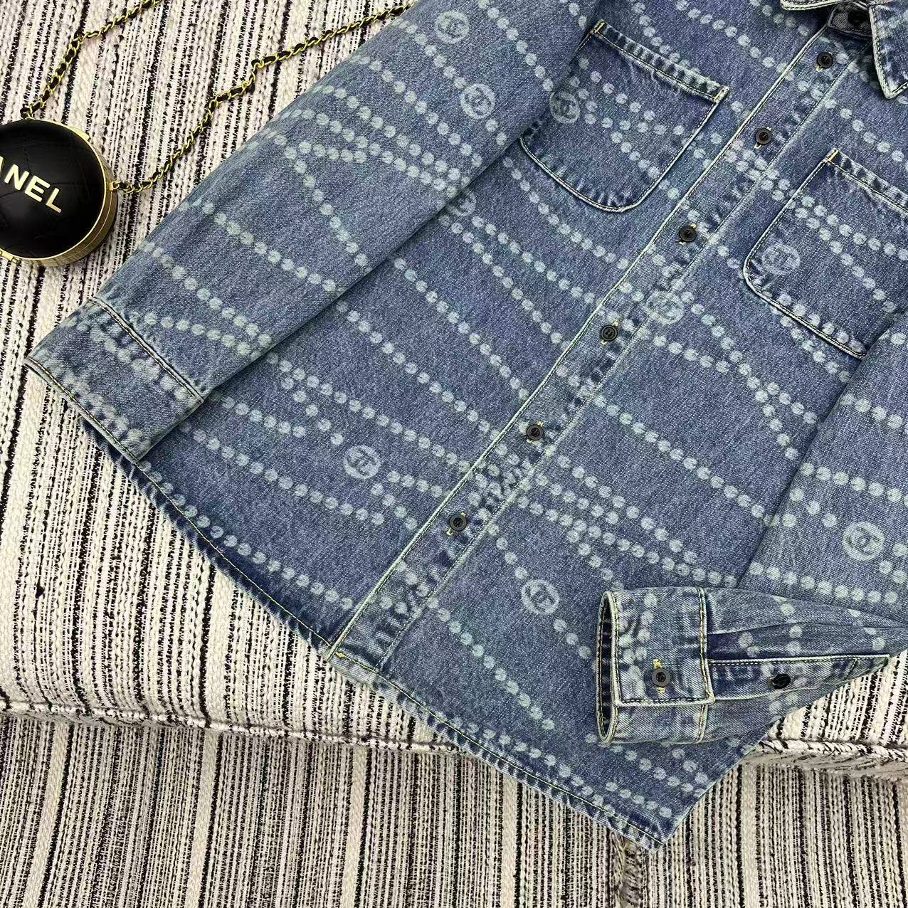 25ss Chain print lapel denim shirt
