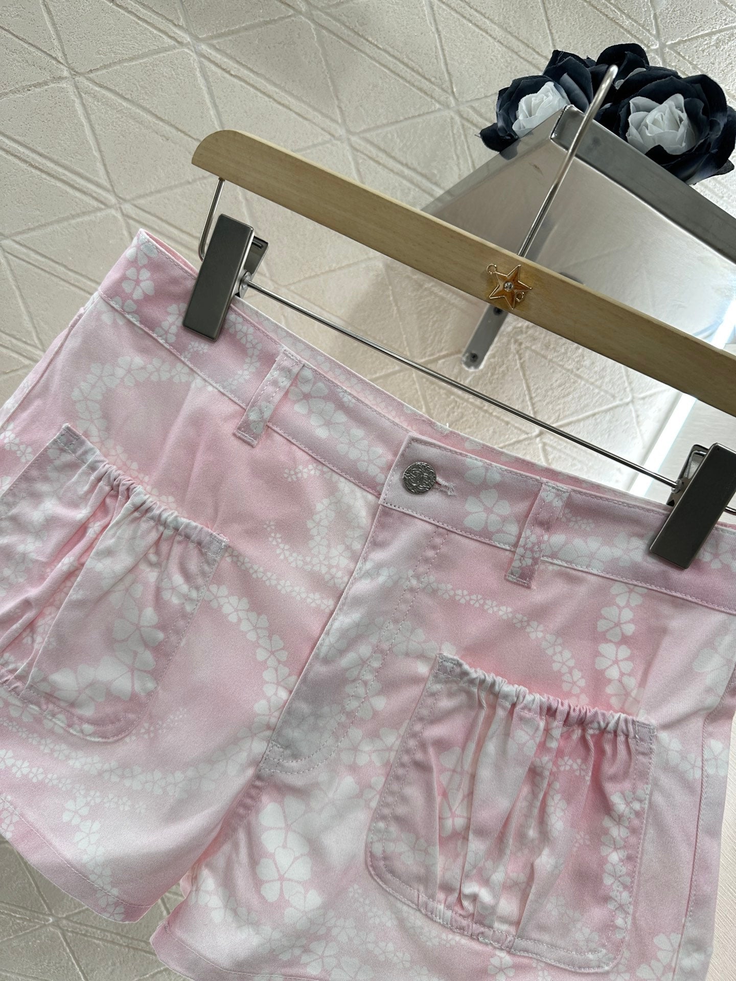 25 Printed Denim Jacket Shorts Set