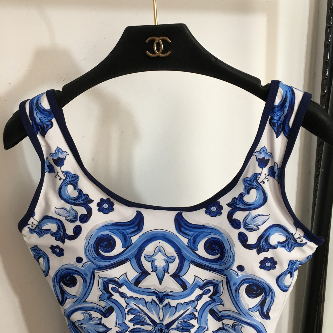 25 new Celadon Print Halter One-piece Swimsuit