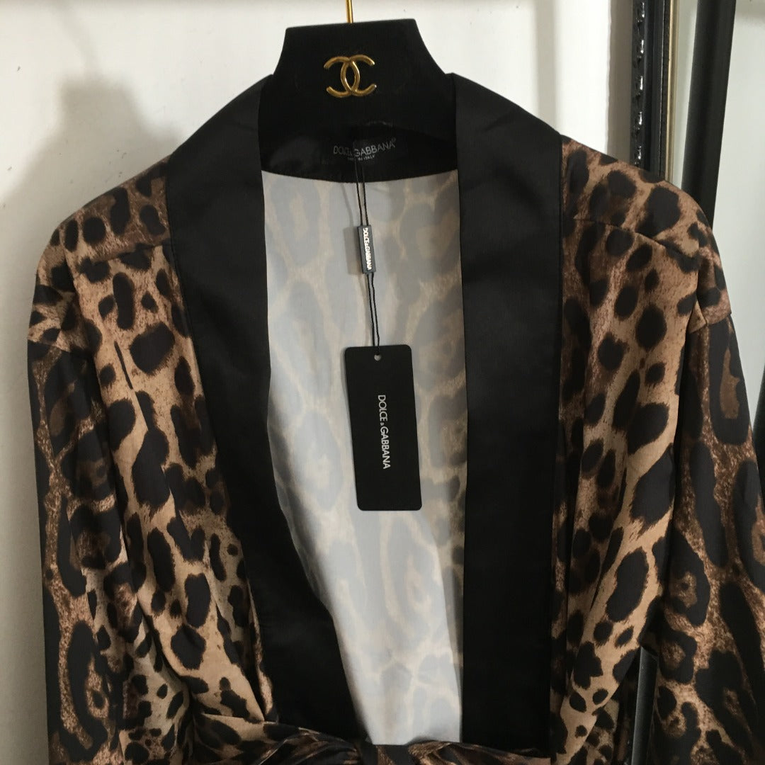 25 new Leopard Print Black Wrap Tie Waist Long Cardigan Robe Silk Jacket