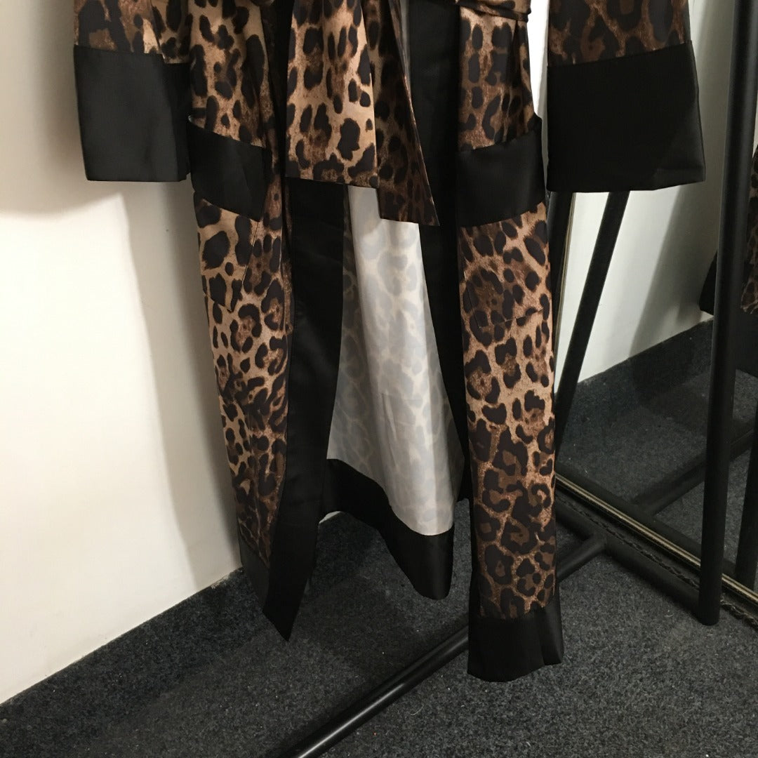 25 new Leopard Print Black Wrap Tie Waist Long Cardigan Robe Silk Jacket