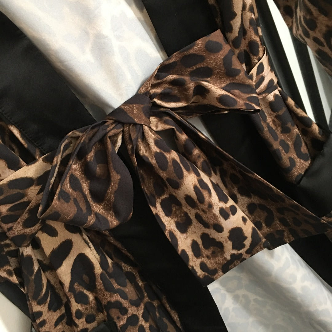 25 new Leopard Print Black Wrap Tie Waist Long Cardigan Robe Silk Jacket