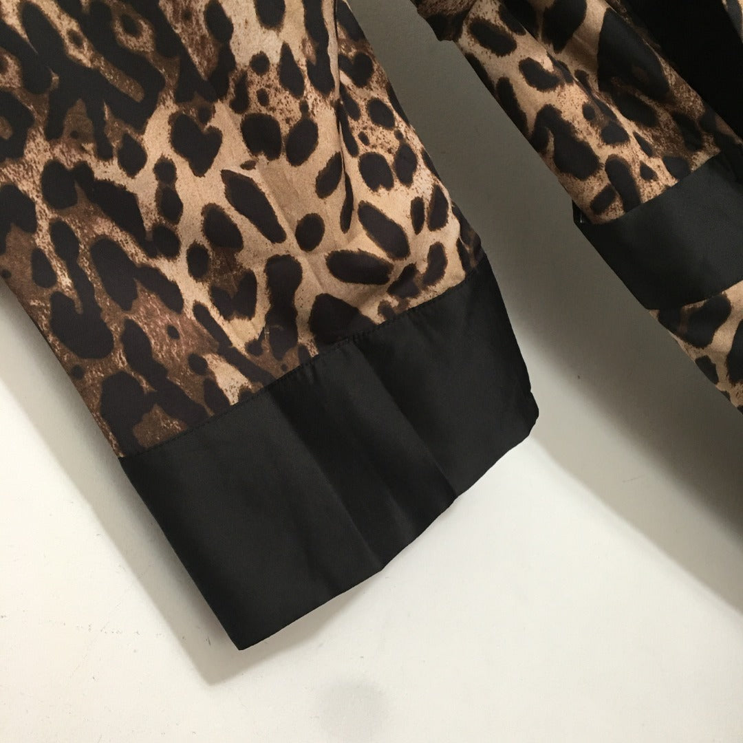 25 new Leopard Print Black Wrap Tie Waist Long Cardigan Robe Silk Jacket
