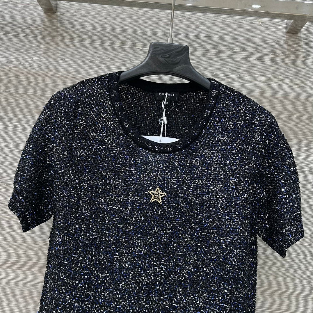 25 Starry Crystal Beaded Specialty Yarn Short Sleeve Top