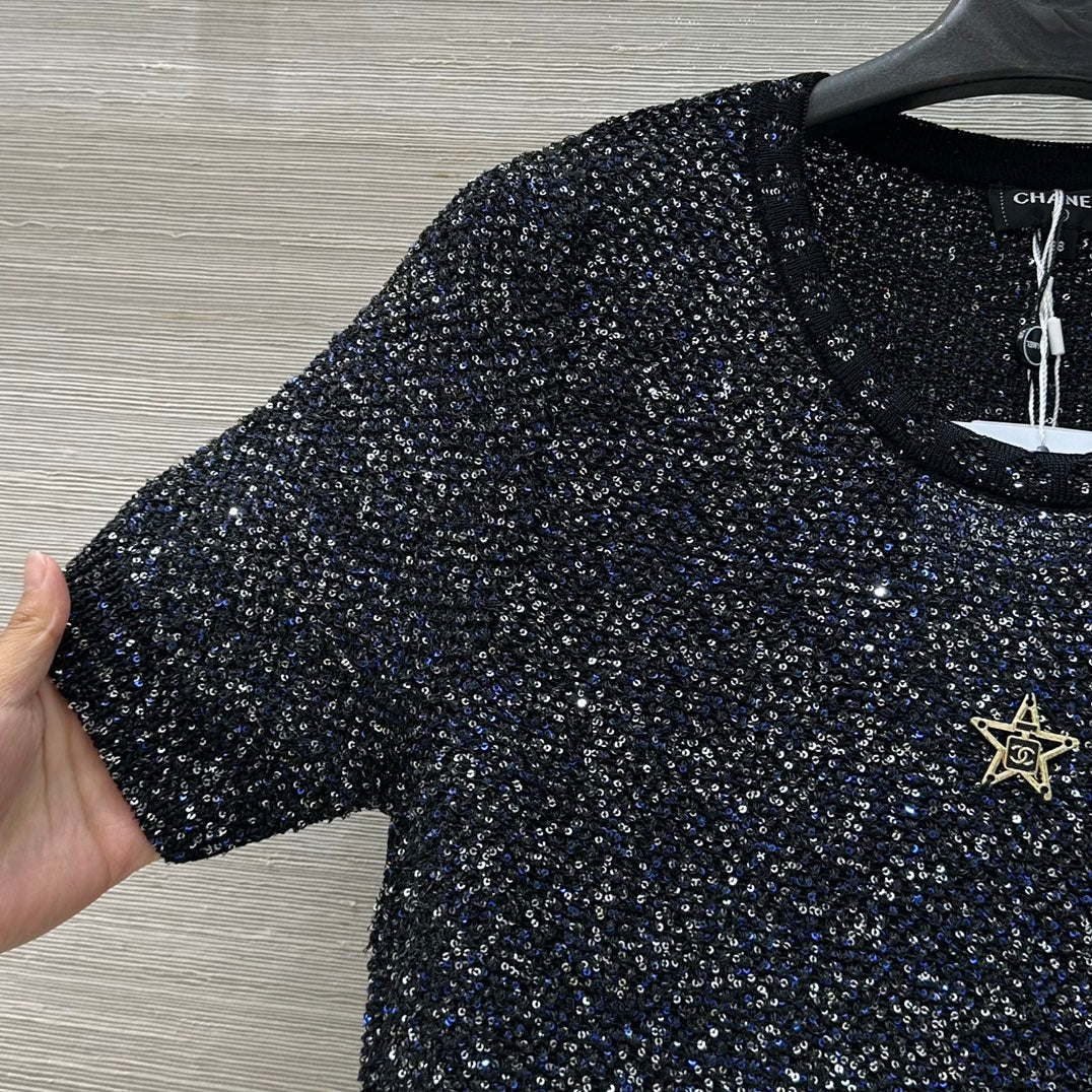25 Starry Crystal Beaded Specialty Yarn Short Sleeve Top