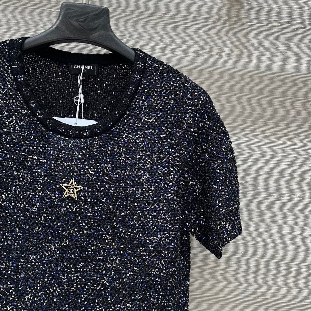 25 Starry Crystal Beaded Specialty Yarn Short Sleeve Top