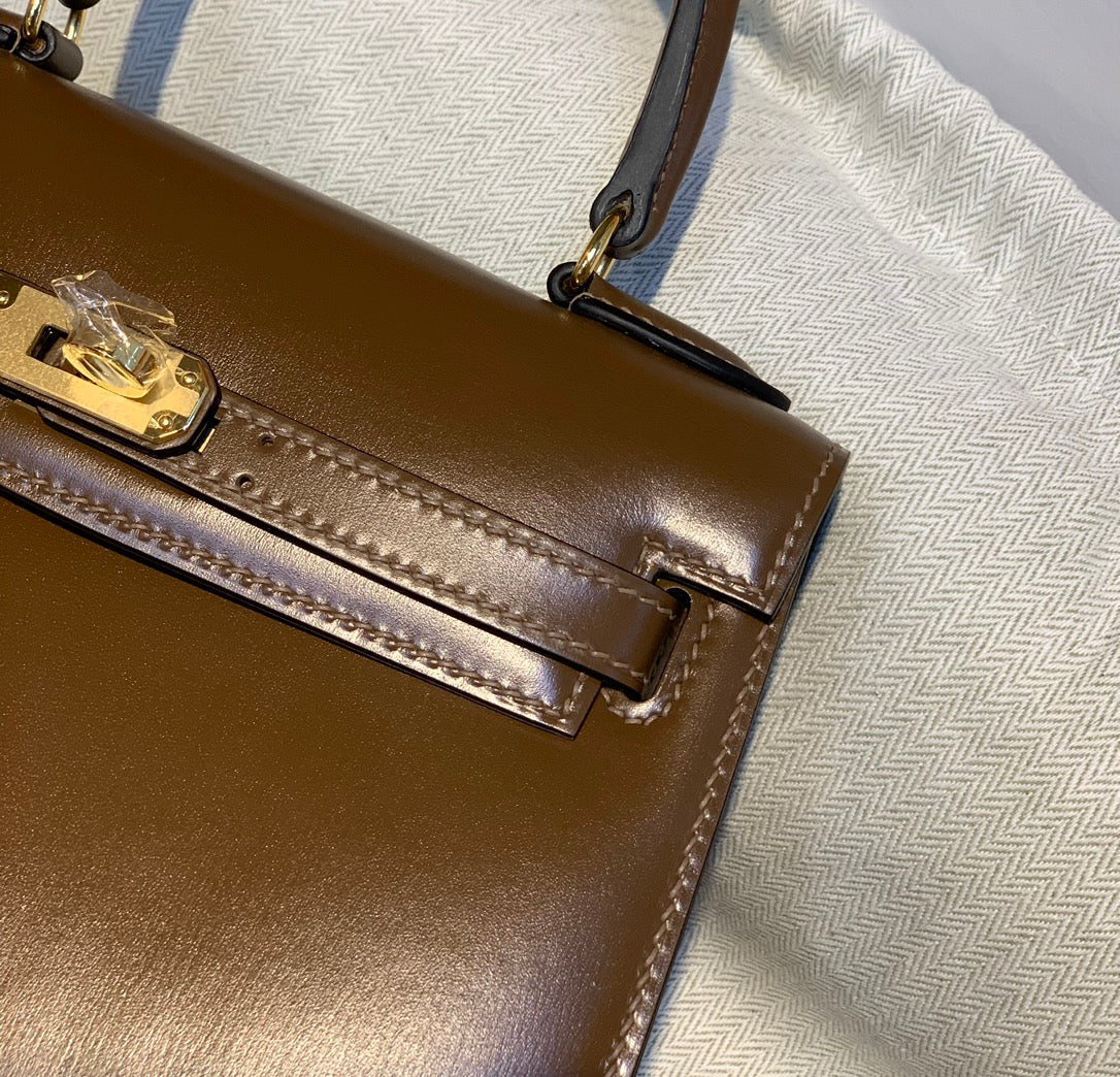 BAG IN CHOCOLATE BROWN SMOOTH CALFSKIN WITH GOLD HARDWARE (MADE - TO - ODER)