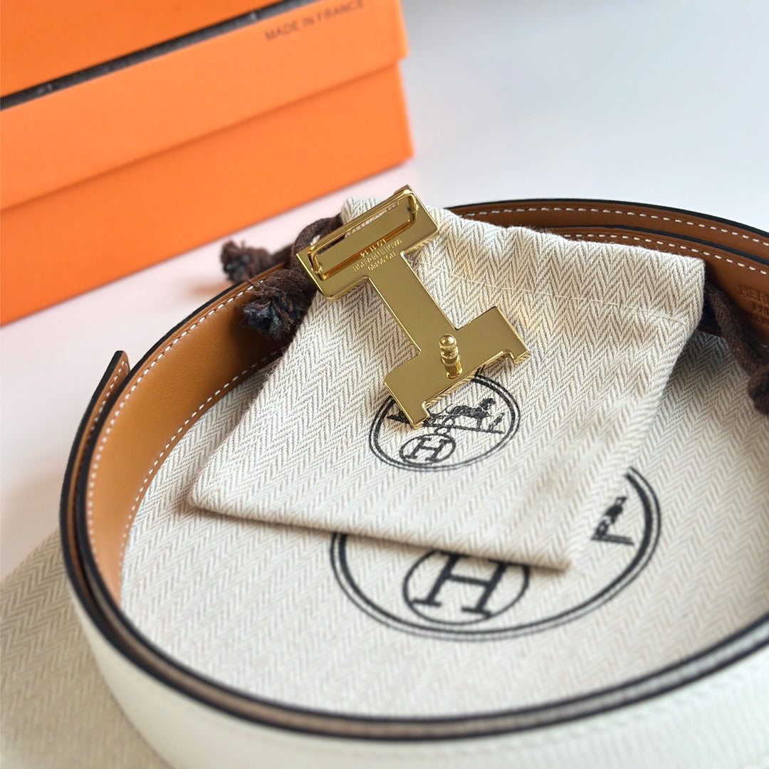 Gold Constance & Reverible Belt Brown White Leather 125376