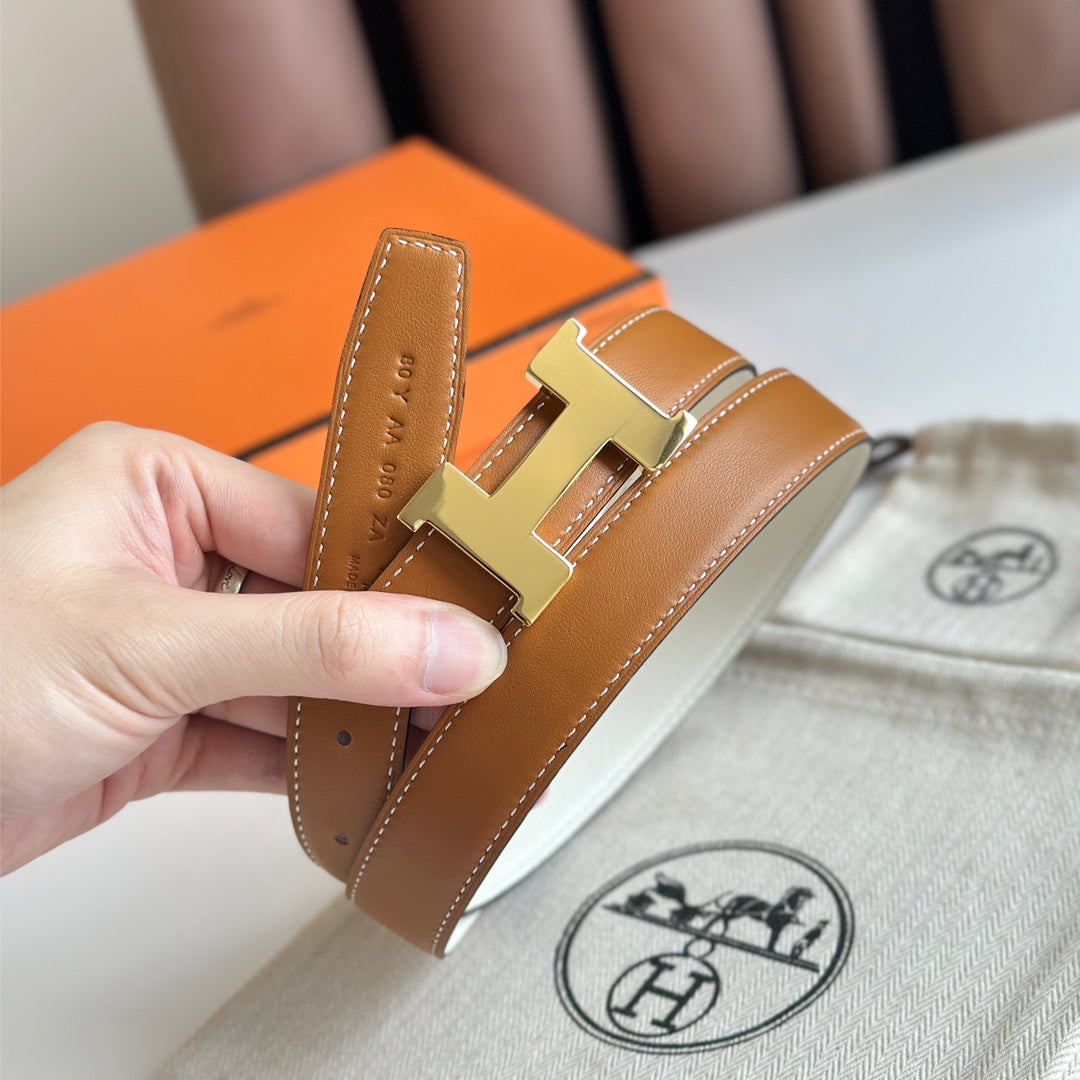 Gold Constance & Reverible Belt Brown White Leather 125376