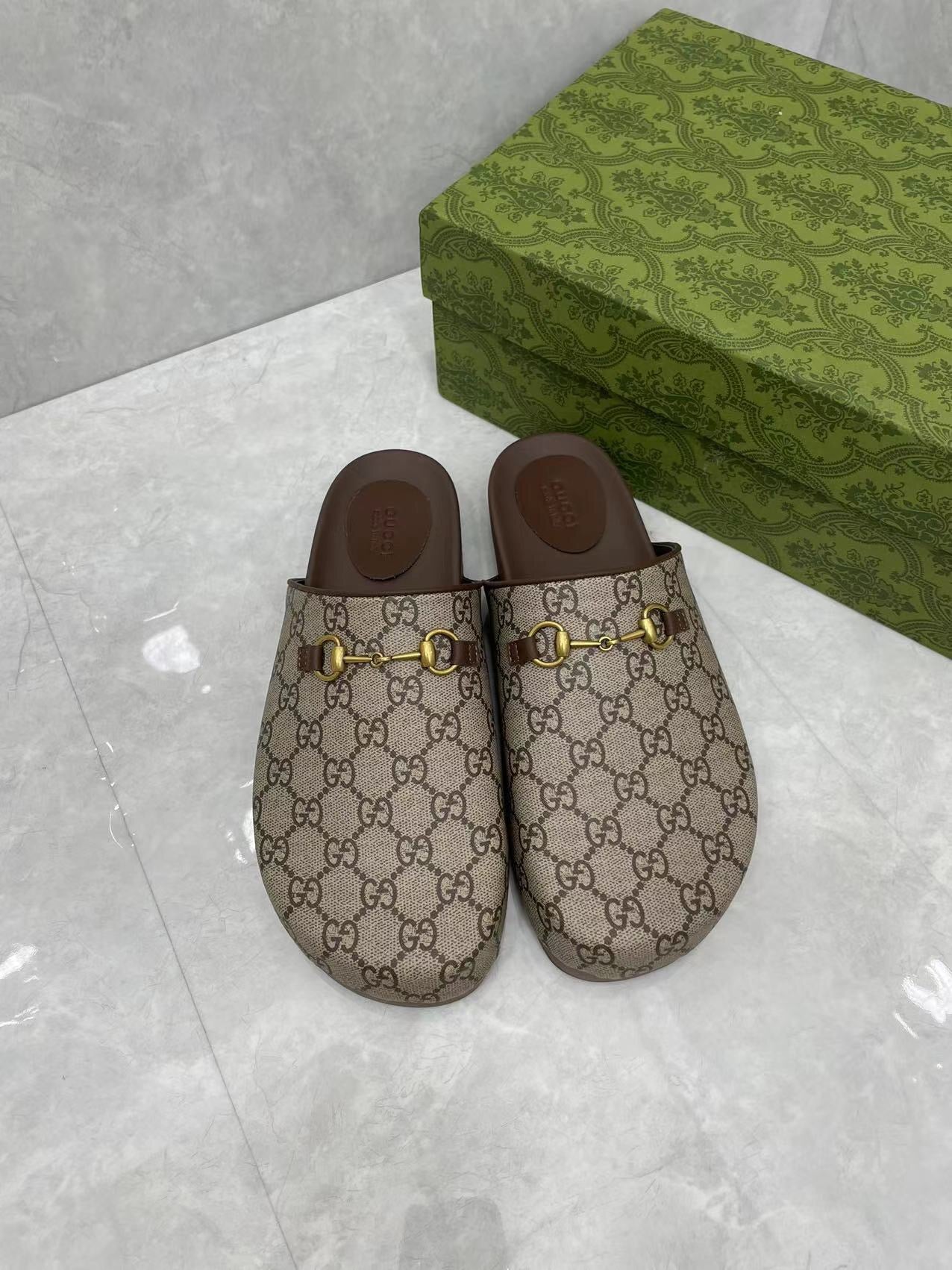 Horsebit Slippers Brown Cow Suede Embossed 280132
