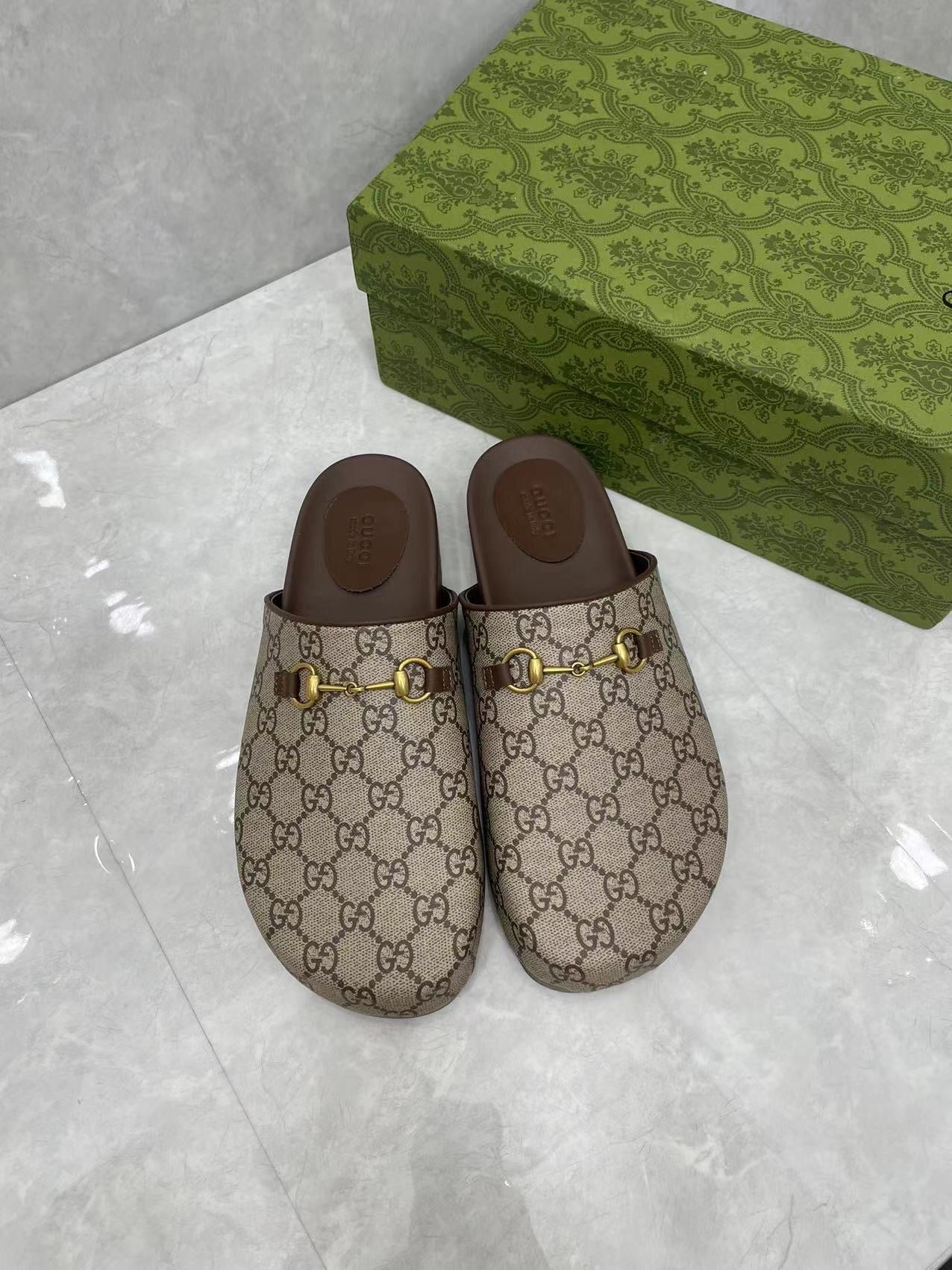 Horsebit Slippers Brown Cow Suede Embossed 280132