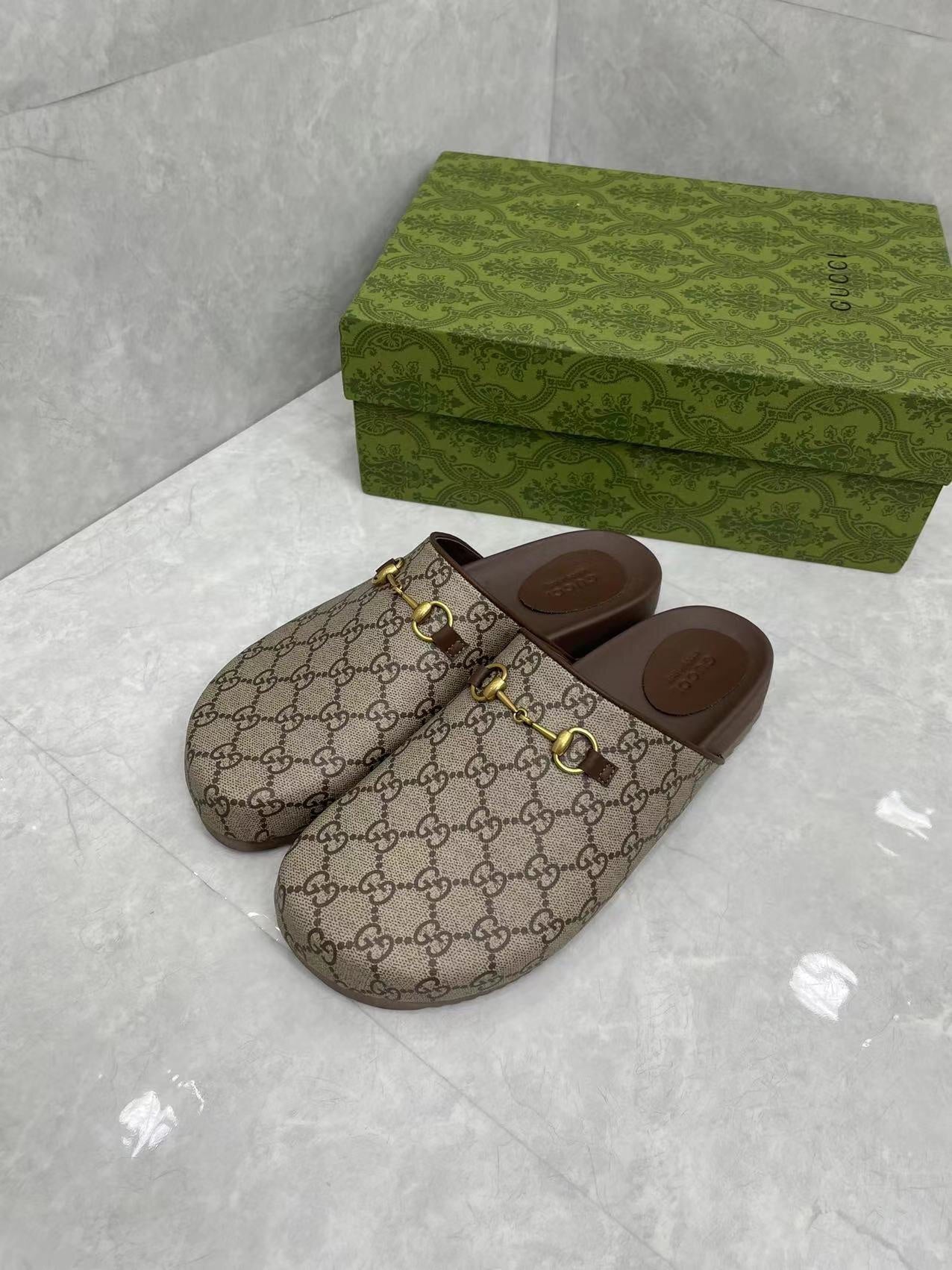 Horsebit Slippers Brown Cow Suede Embossed 280132