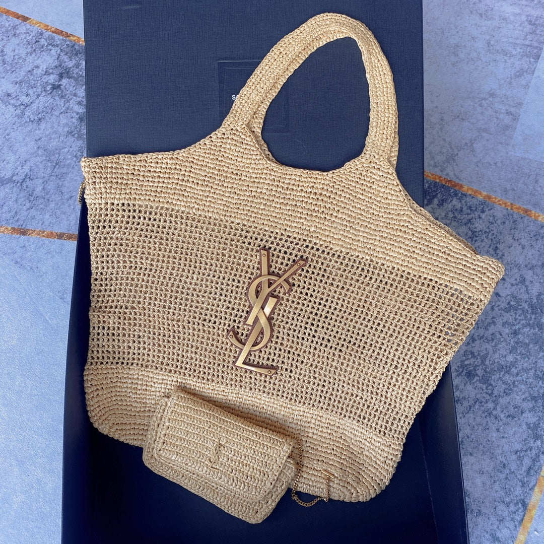 icare 58cm woven raffia brown calfskin