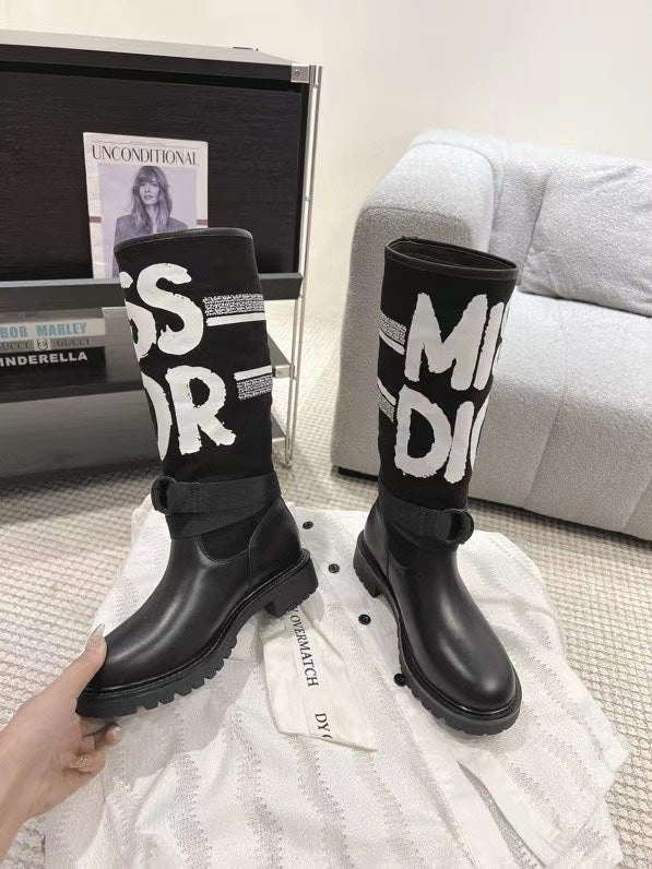 Poster style electric embroidery color block letters logo round toe calf women's boots