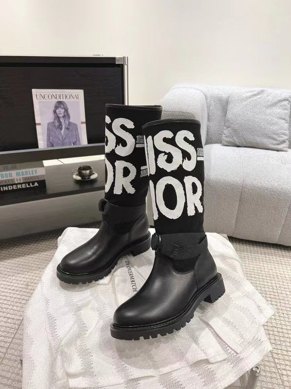 Poster style electric embroidery color block letters logo round toe calf women's boots