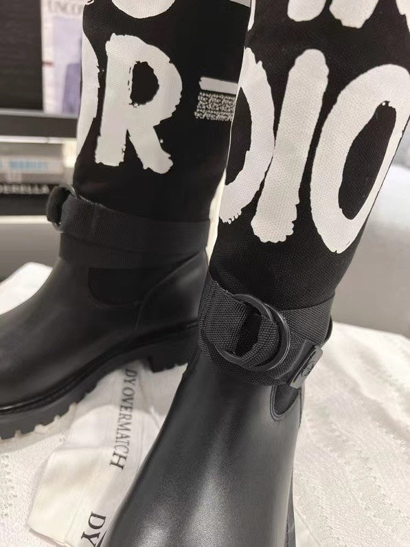 Poster style electric embroidery color block letters logo round toe calf women's boots
