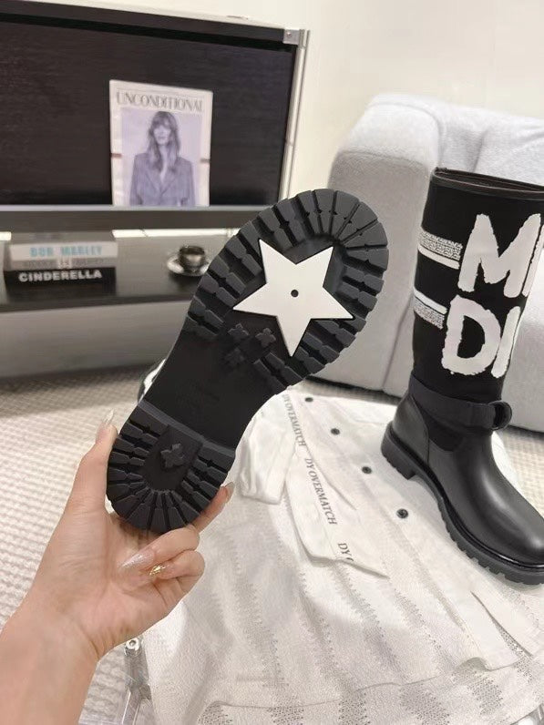 Poster style electric embroidery color block letters logo round toe calf women's boots