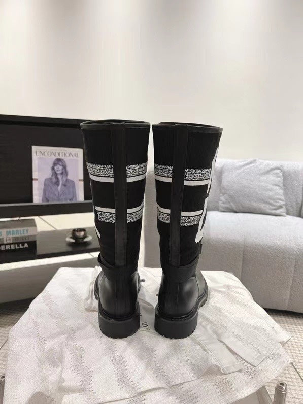 Poster style electric embroidery color block letters logo round toe calf women's boots