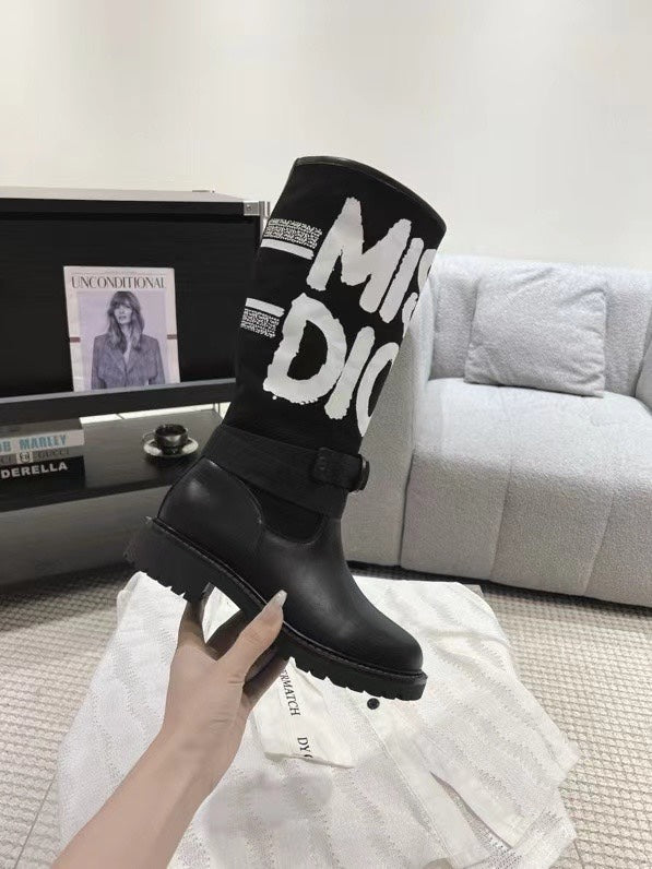 Poster style electric embroidery color block letters logo round toe calf women's boots