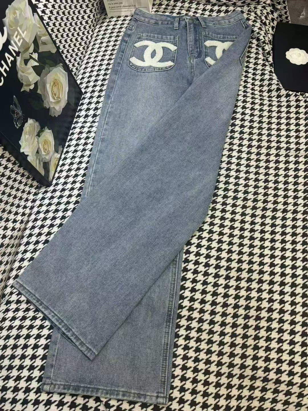 pocket double c towel embroidered denim trousers