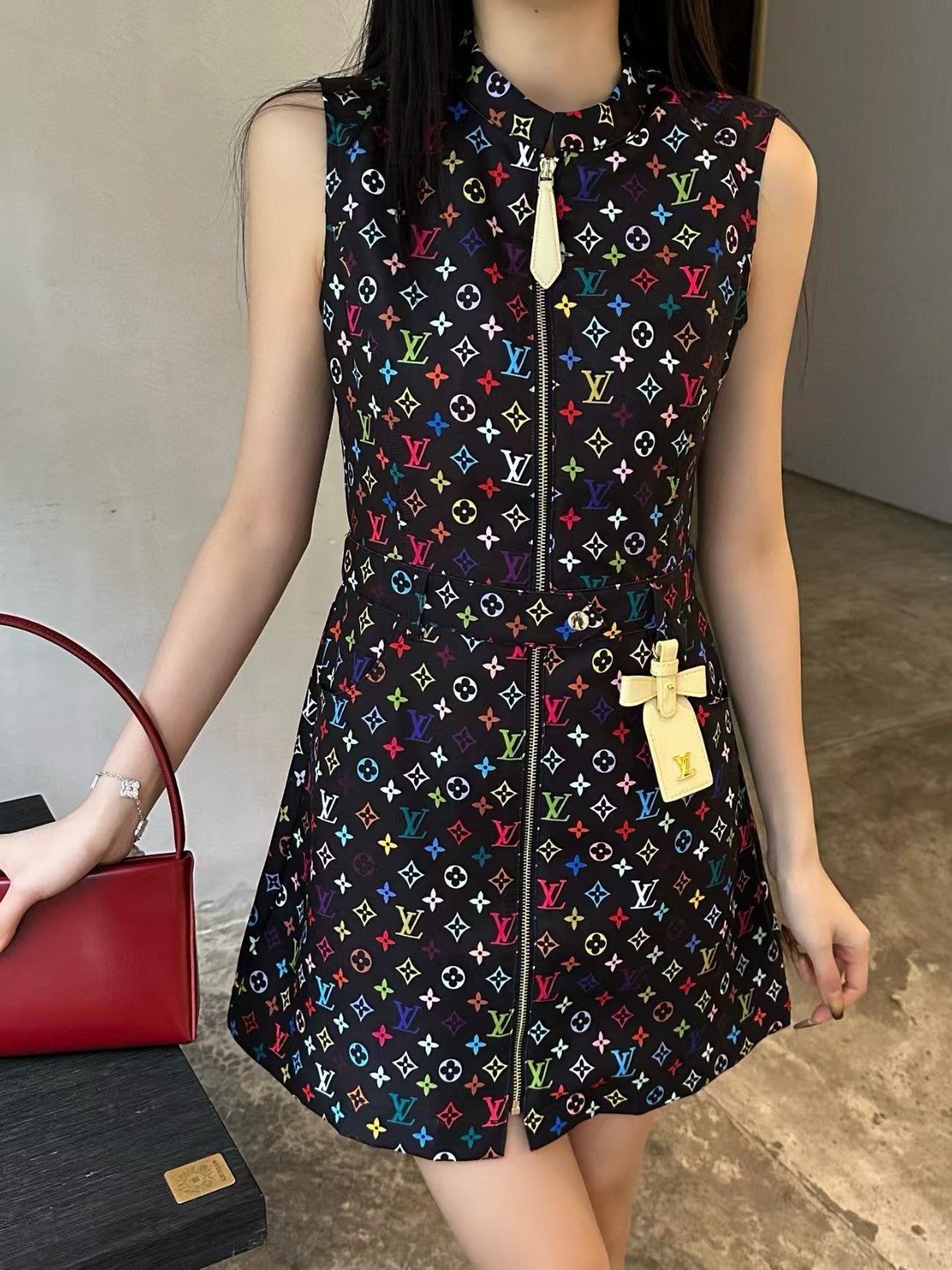 25ss printed zipper sleeveless dress