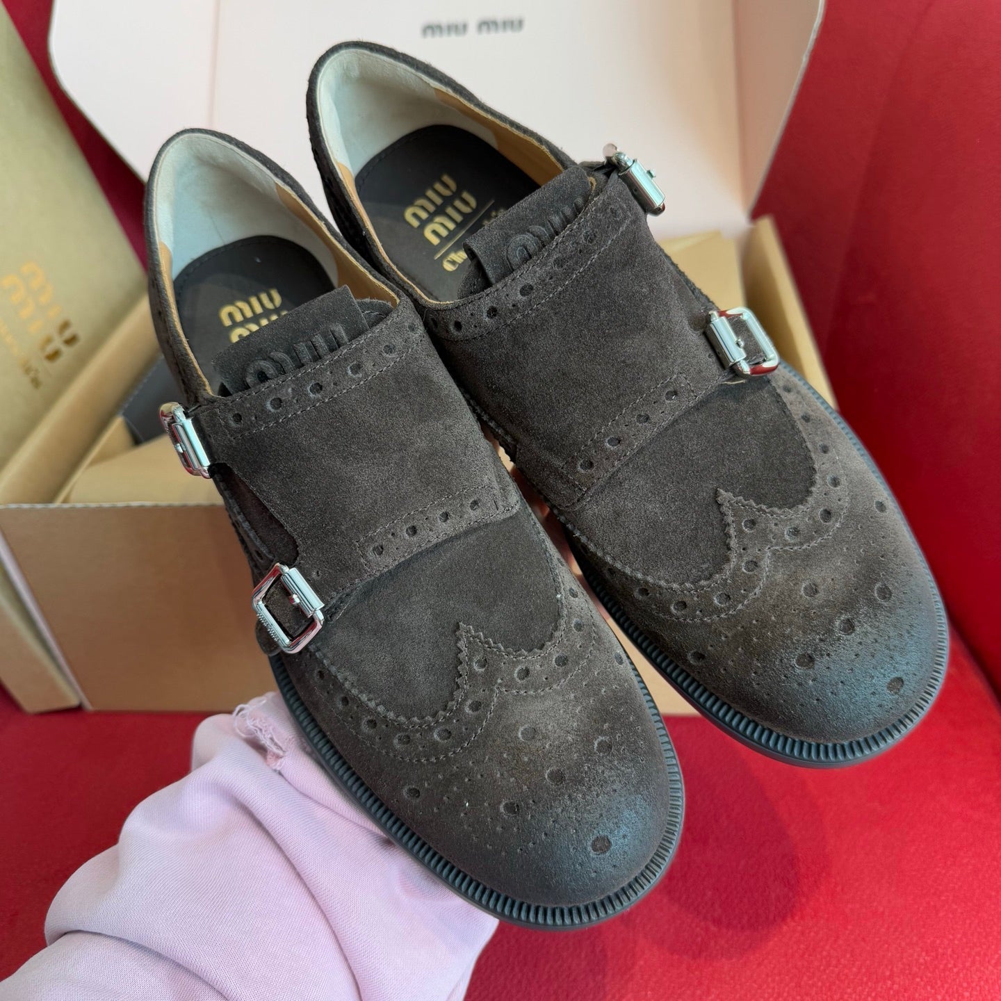 Co-branded Brogue Sculpted Aged Suede Pumps