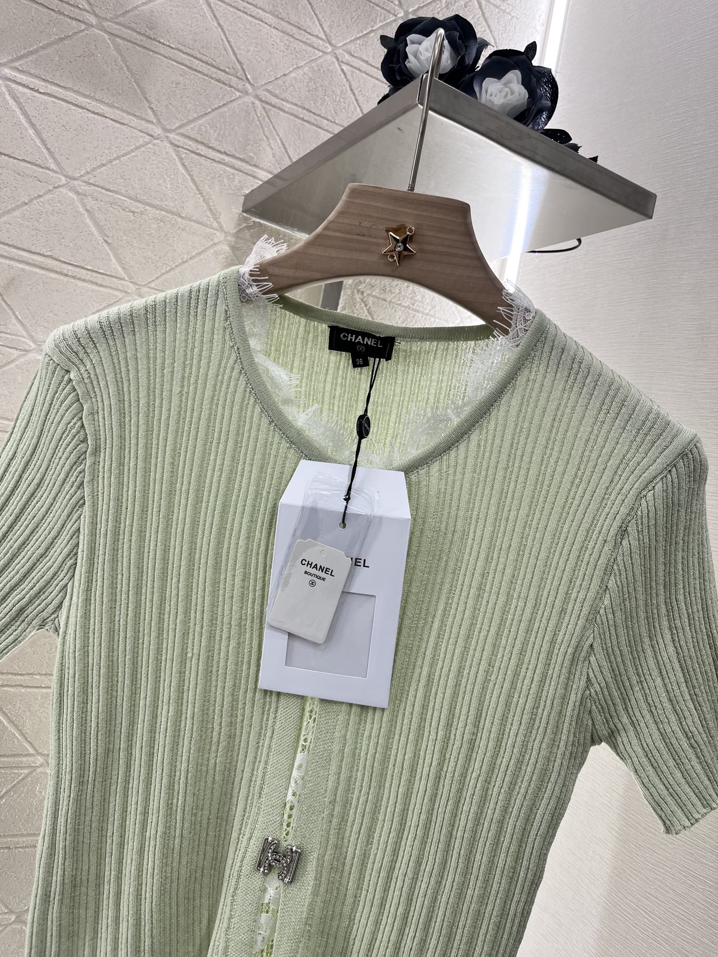 25SS New Lace Trim Knitted Short Sleeve Cardigan