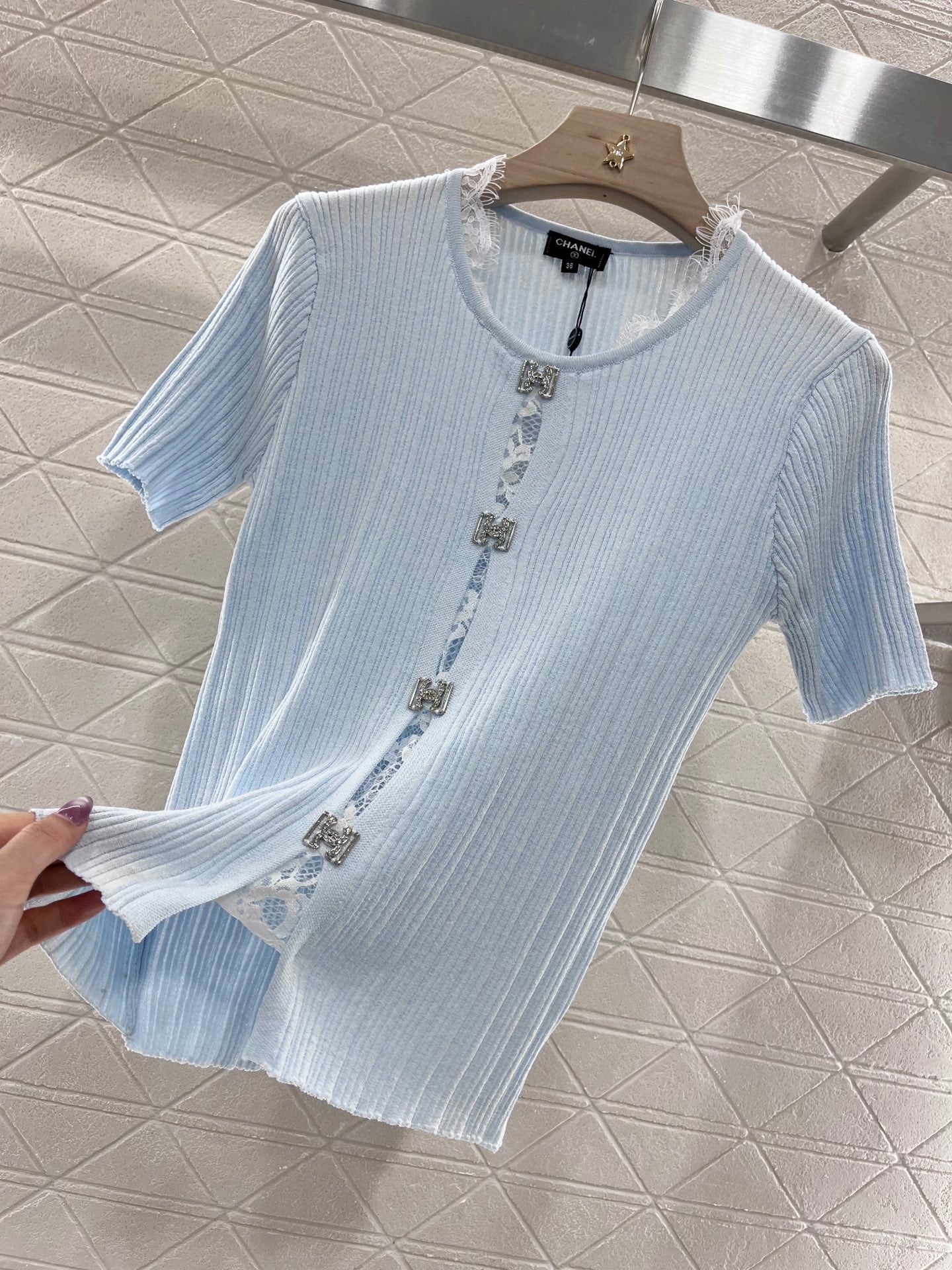 25SS New Lace Trim Knitted Short Sleeve Cardigan