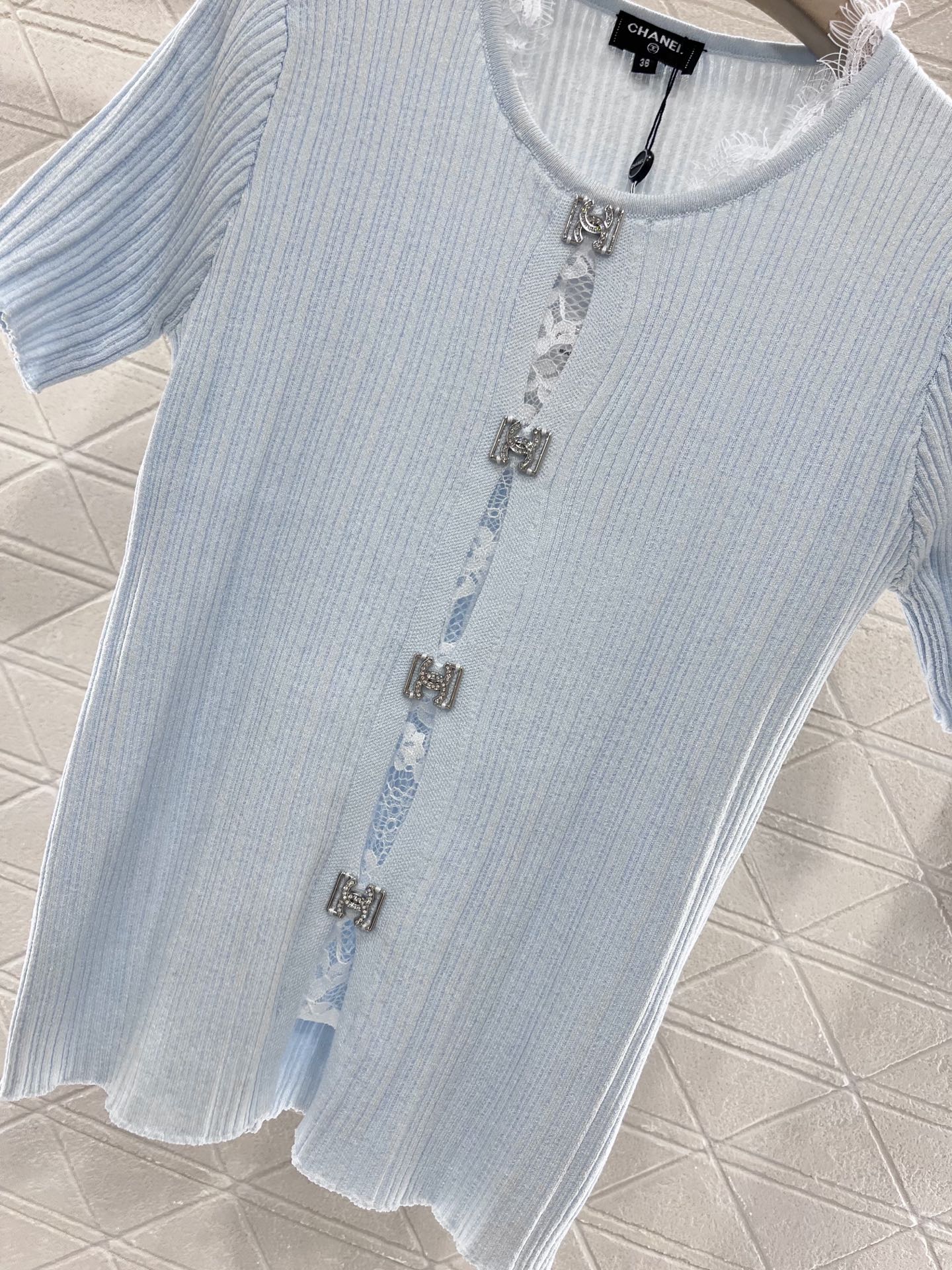 25SS New Lace Trim Knitted Short Sleeve Cardigan