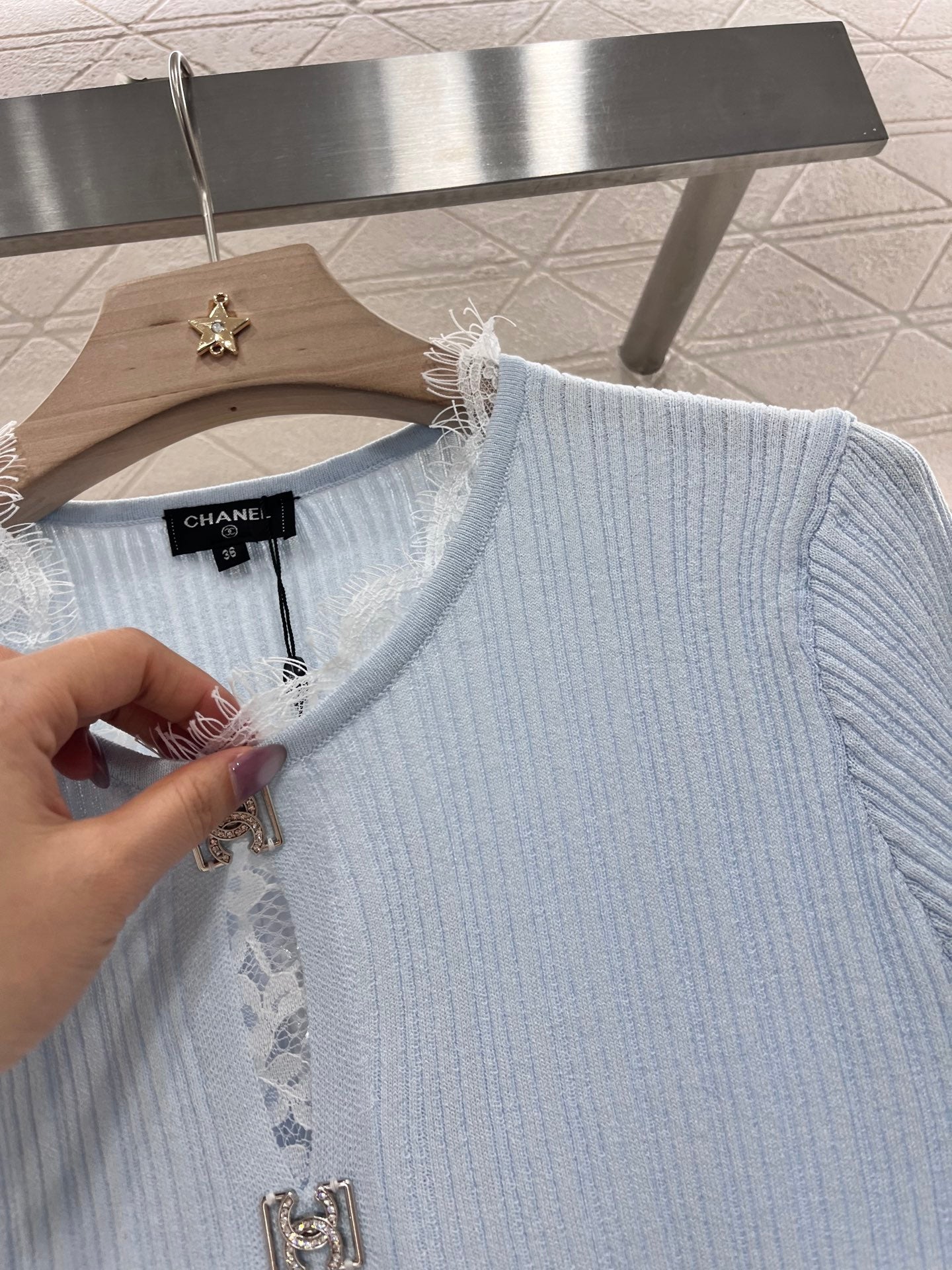 25SS New Lace Trim Knitted Short Sleeve Cardigan