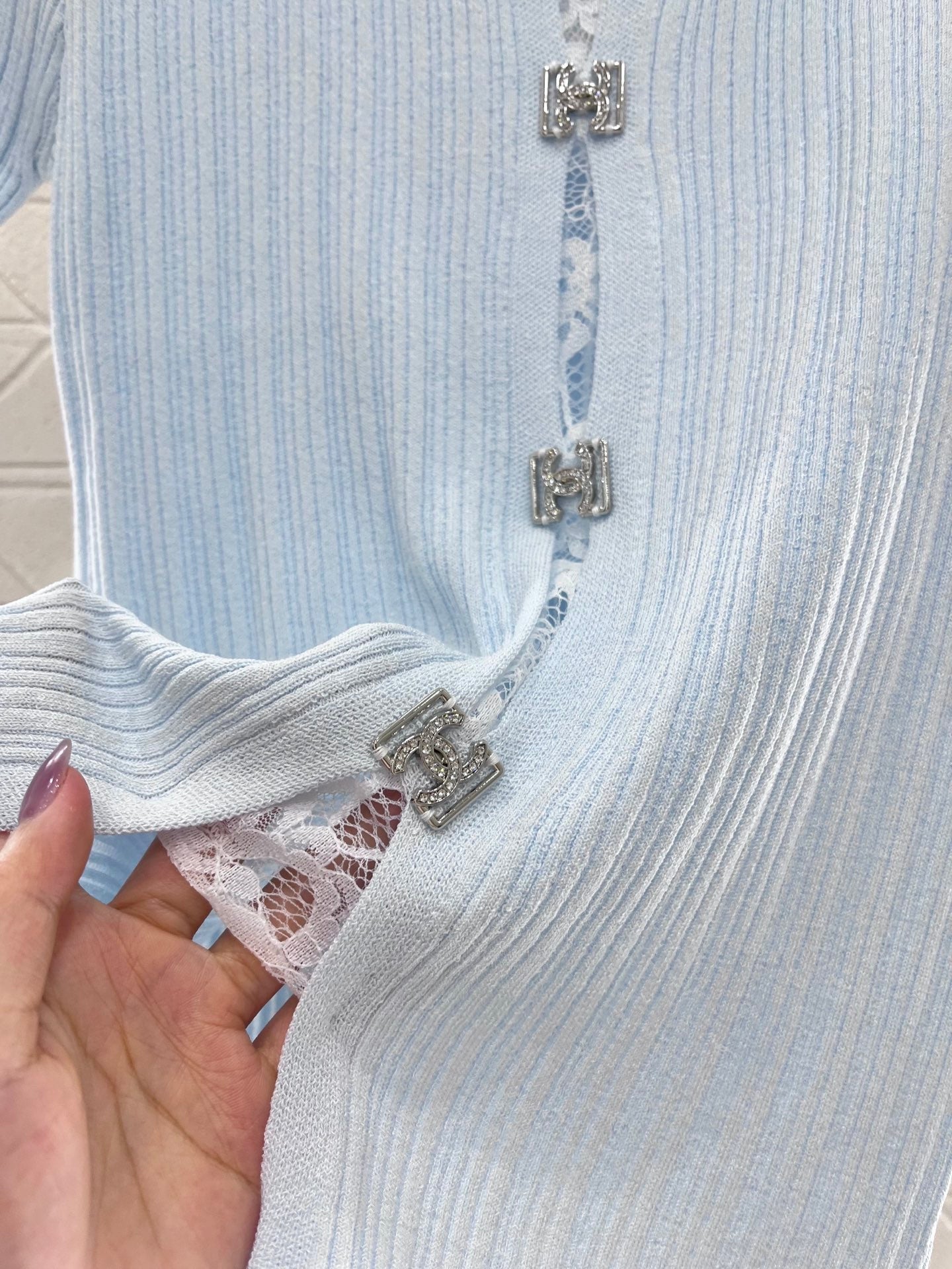 25SS New Lace Trim Knitted Short Sleeve Cardigan