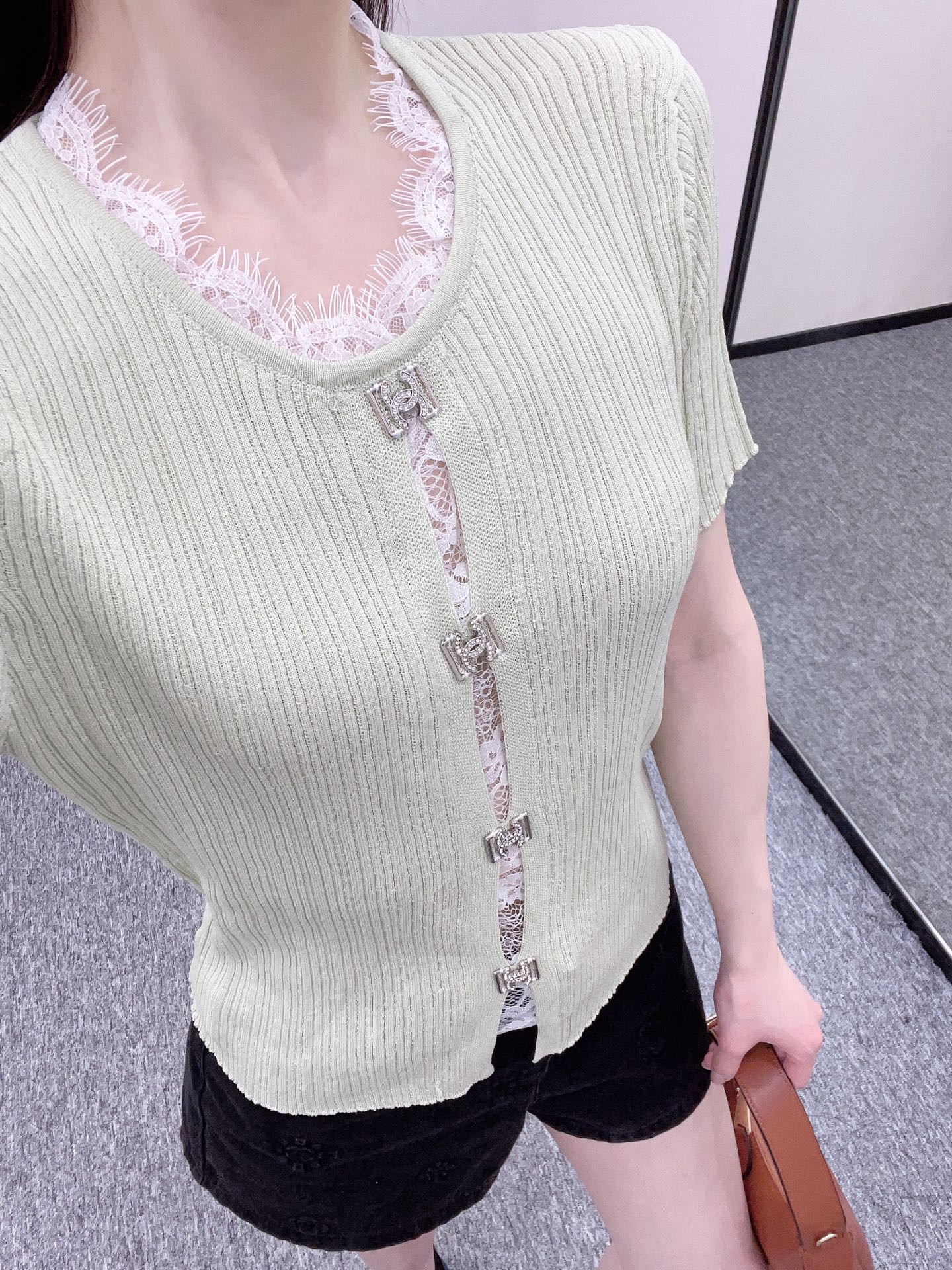 25SS New Lace Trim Knitted Short Sleeve Cardigan
