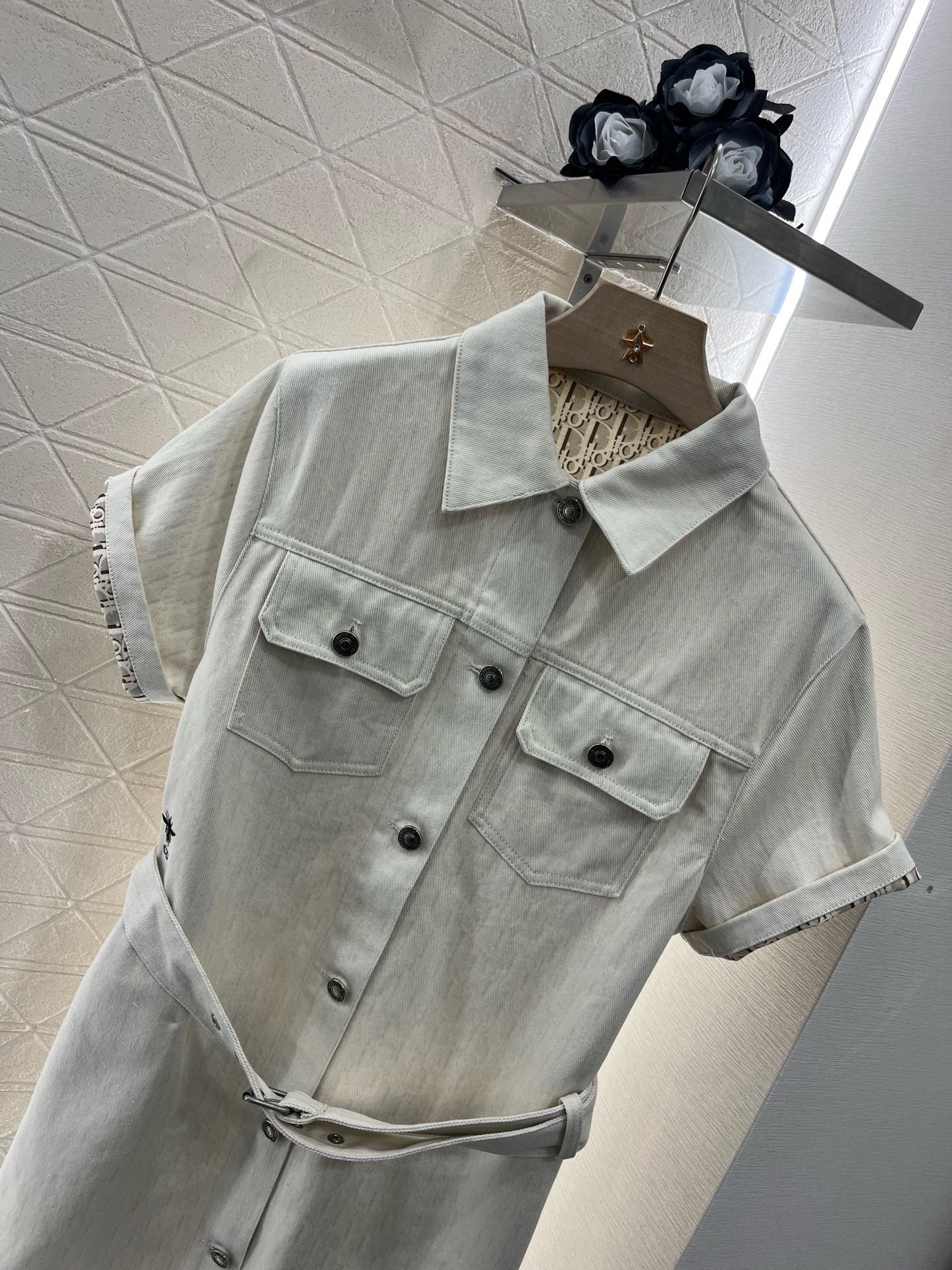 25SS 2025SS New Short Sleeve Printed Belt Denim Skirt