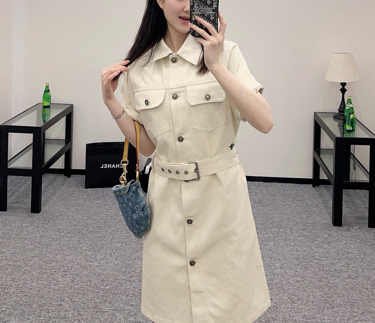 25SS 2025SS New Short Sleeve Printed Belt Denim Skirt