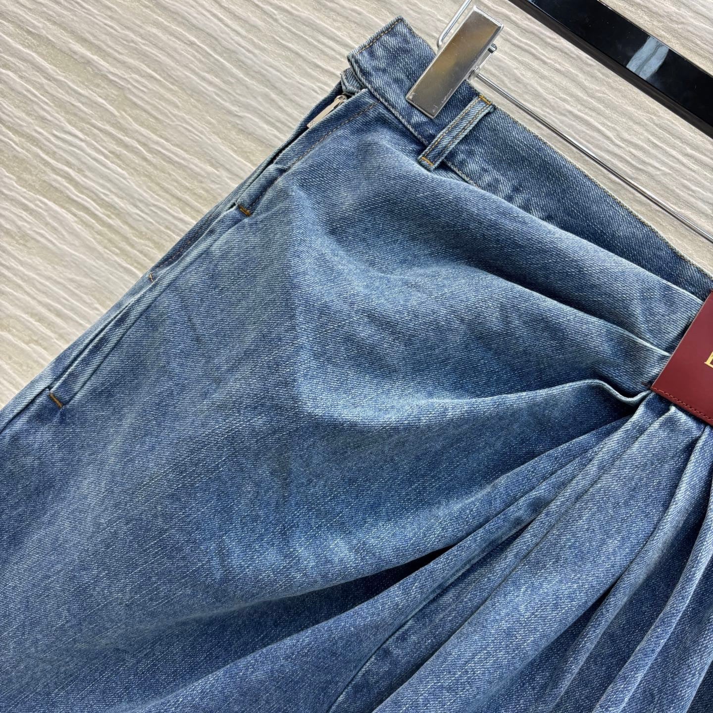 25ss wide-leg denim trousers with crinkled logo and leather trim