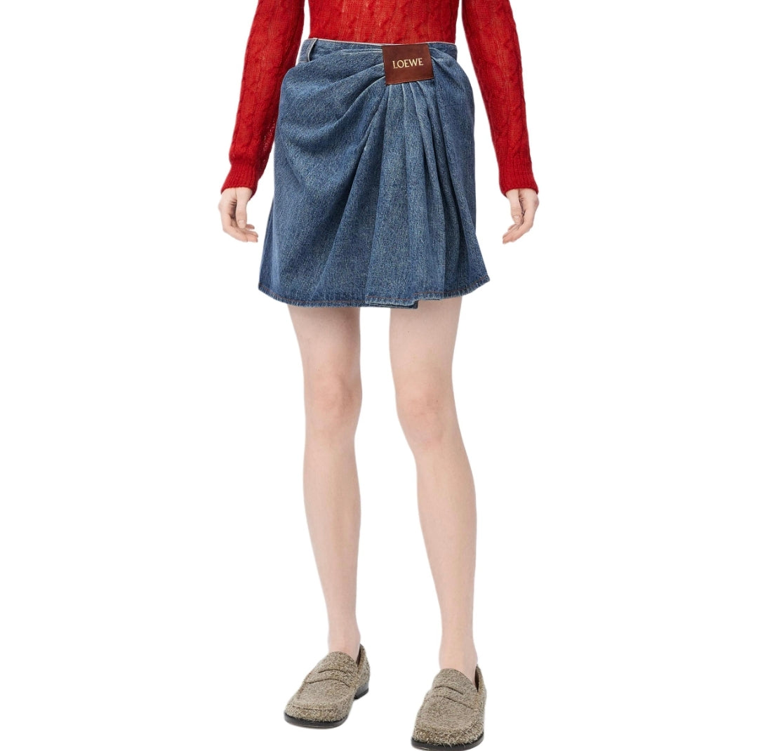 25ss leather label pleated fashionable denim skirt