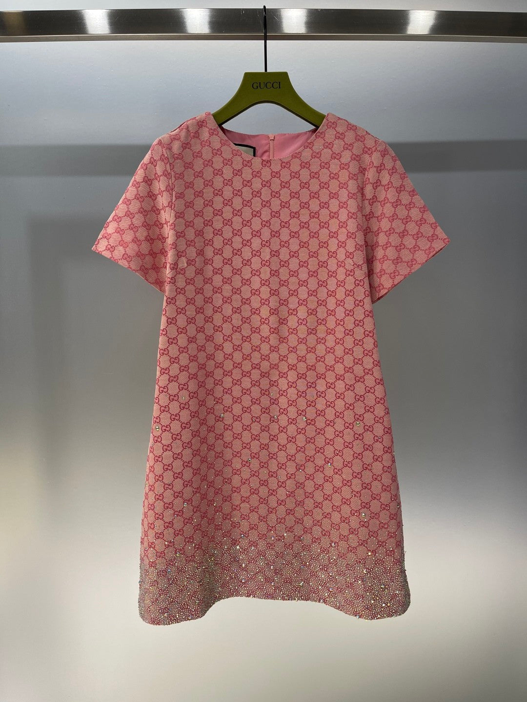 Sparkling luxury crystal diamond GG monogram jacquard short-sleeved dress
