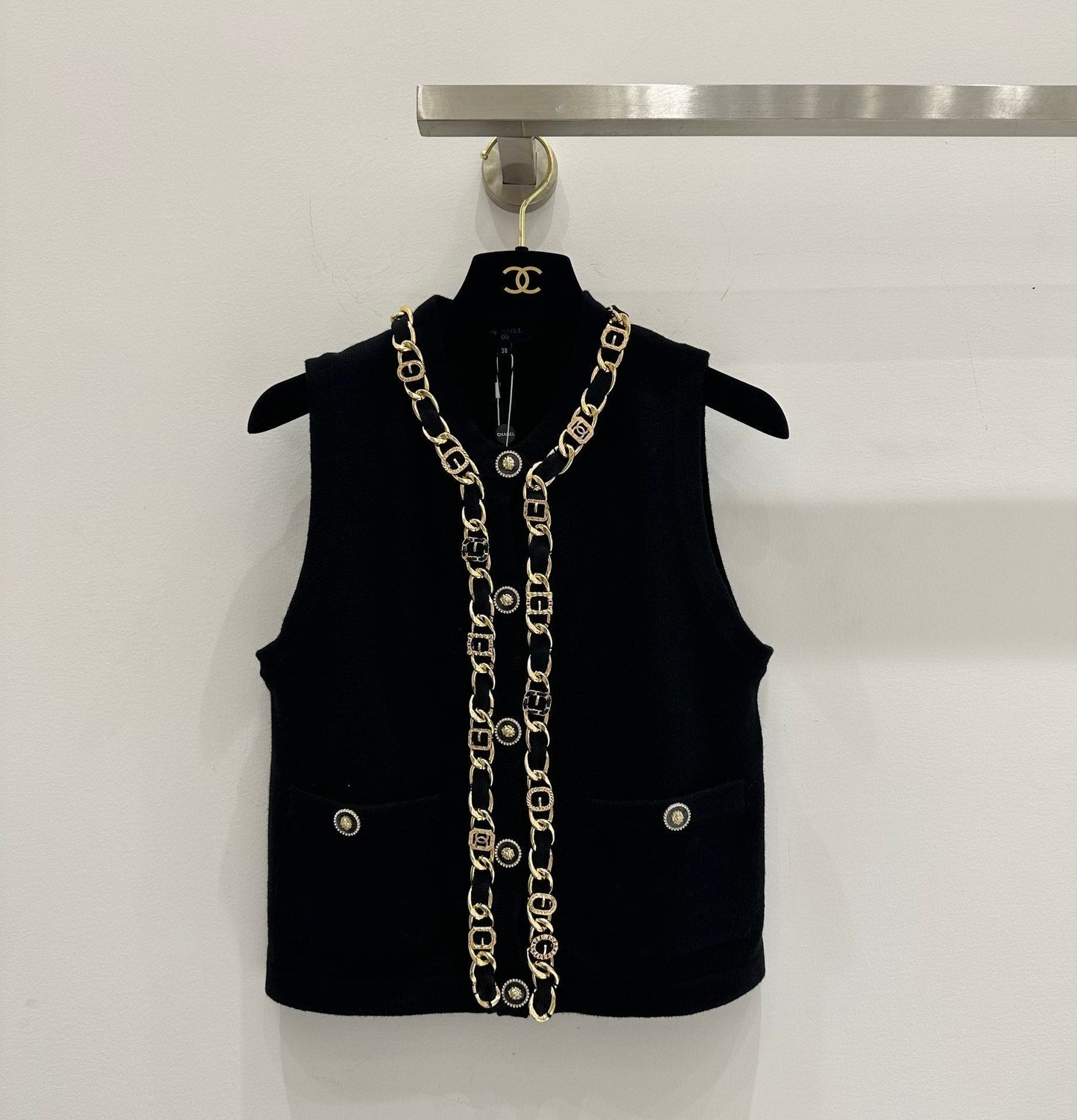 Heavy-craft gold chain cashmere vest