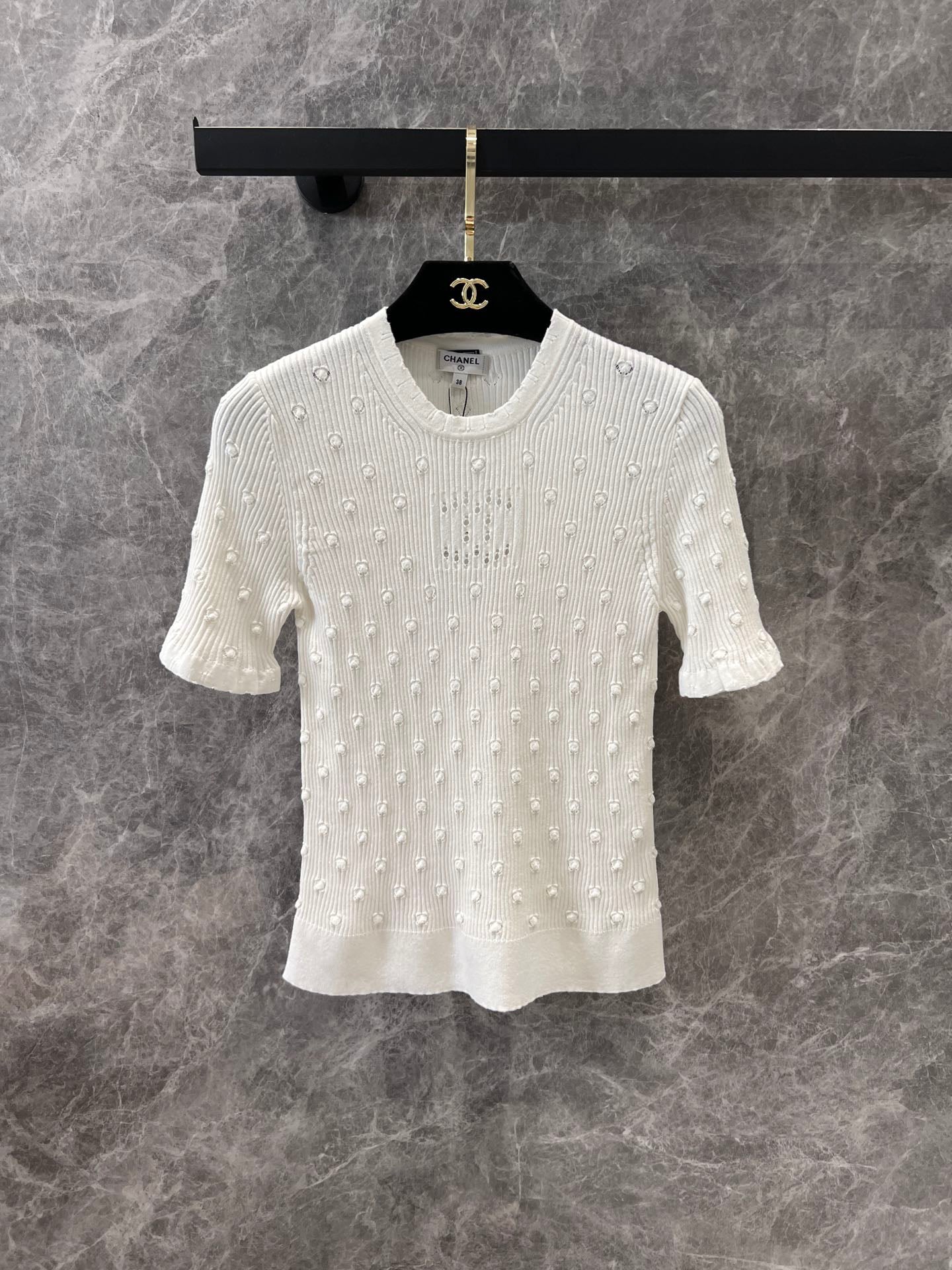 C 25 Crochet Knit Short Sleeve with Dimensional Polka Dots