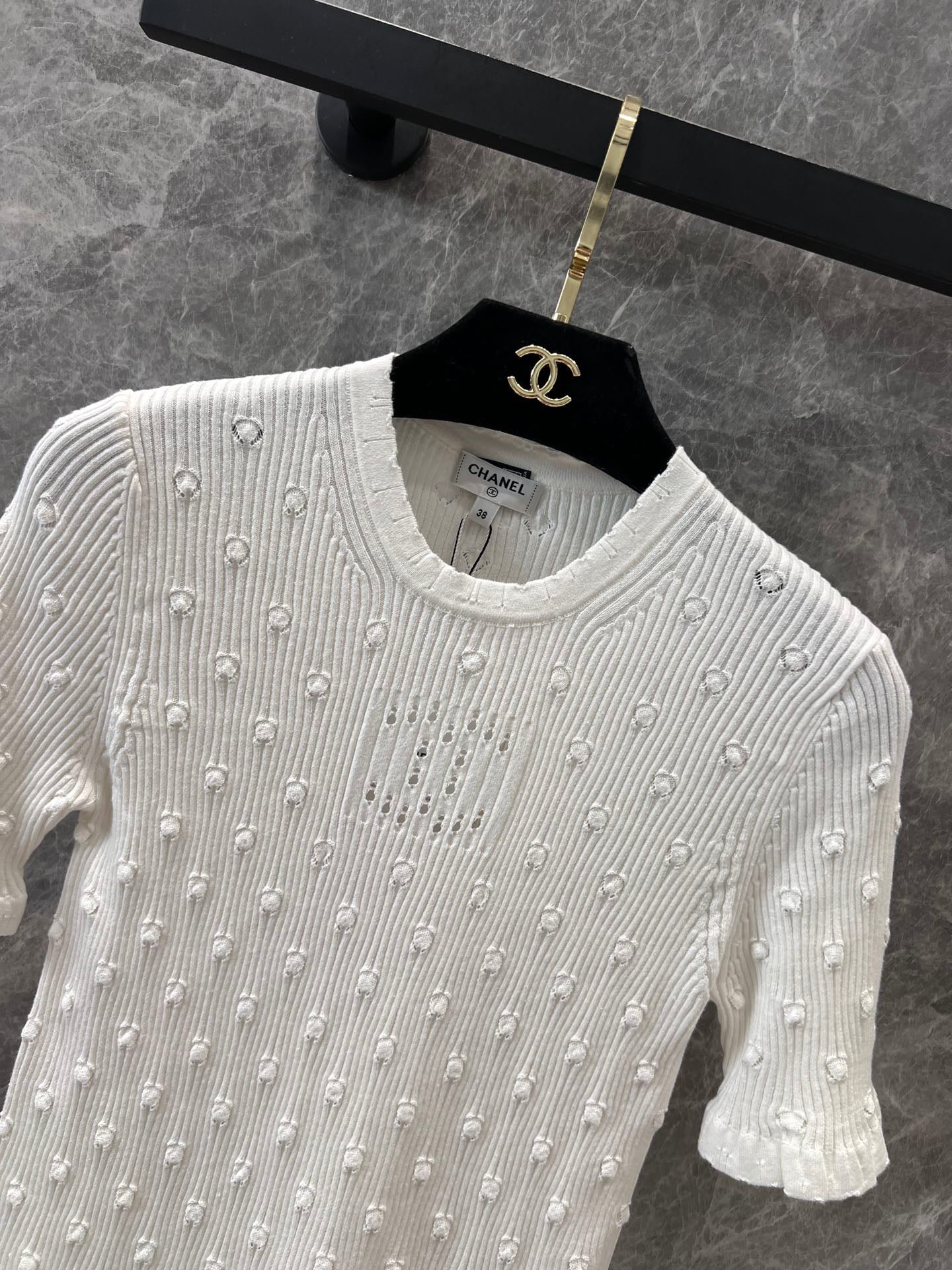 C 25 Crochet Knit Short Sleeve with Dimensional Polka Dots