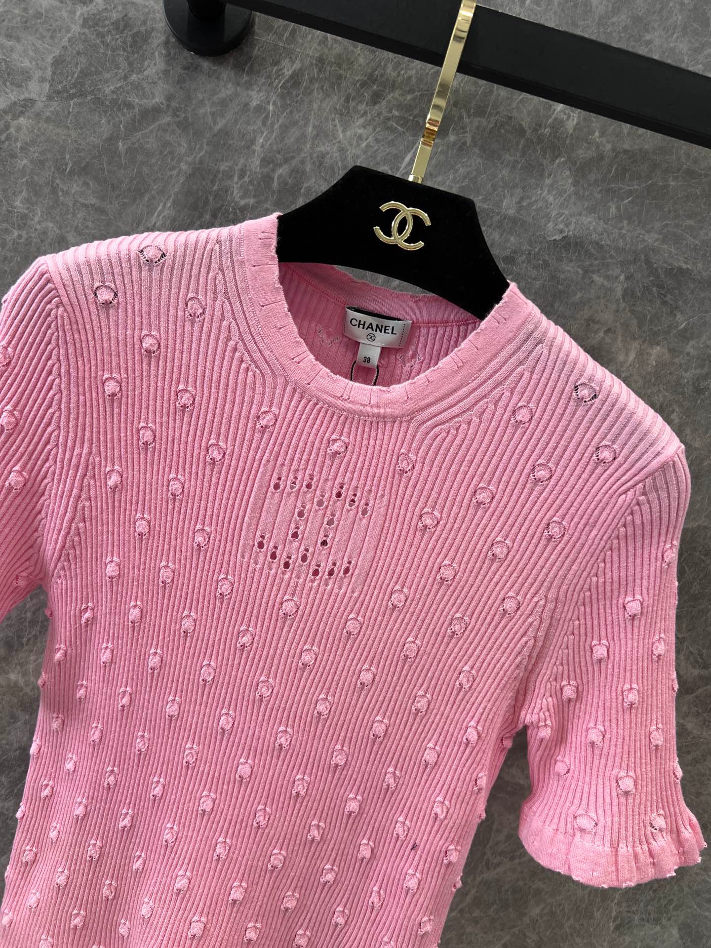 C 25 Crochet Knit Short Sleeve with Dimensional Polka Dots