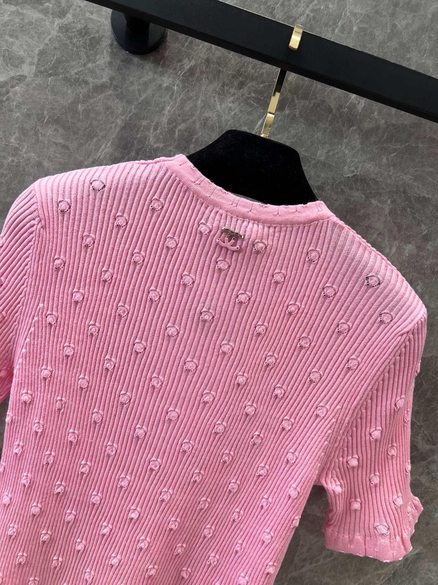 C 25 Crochet Knit Short Sleeve with Dimensional Polka Dots