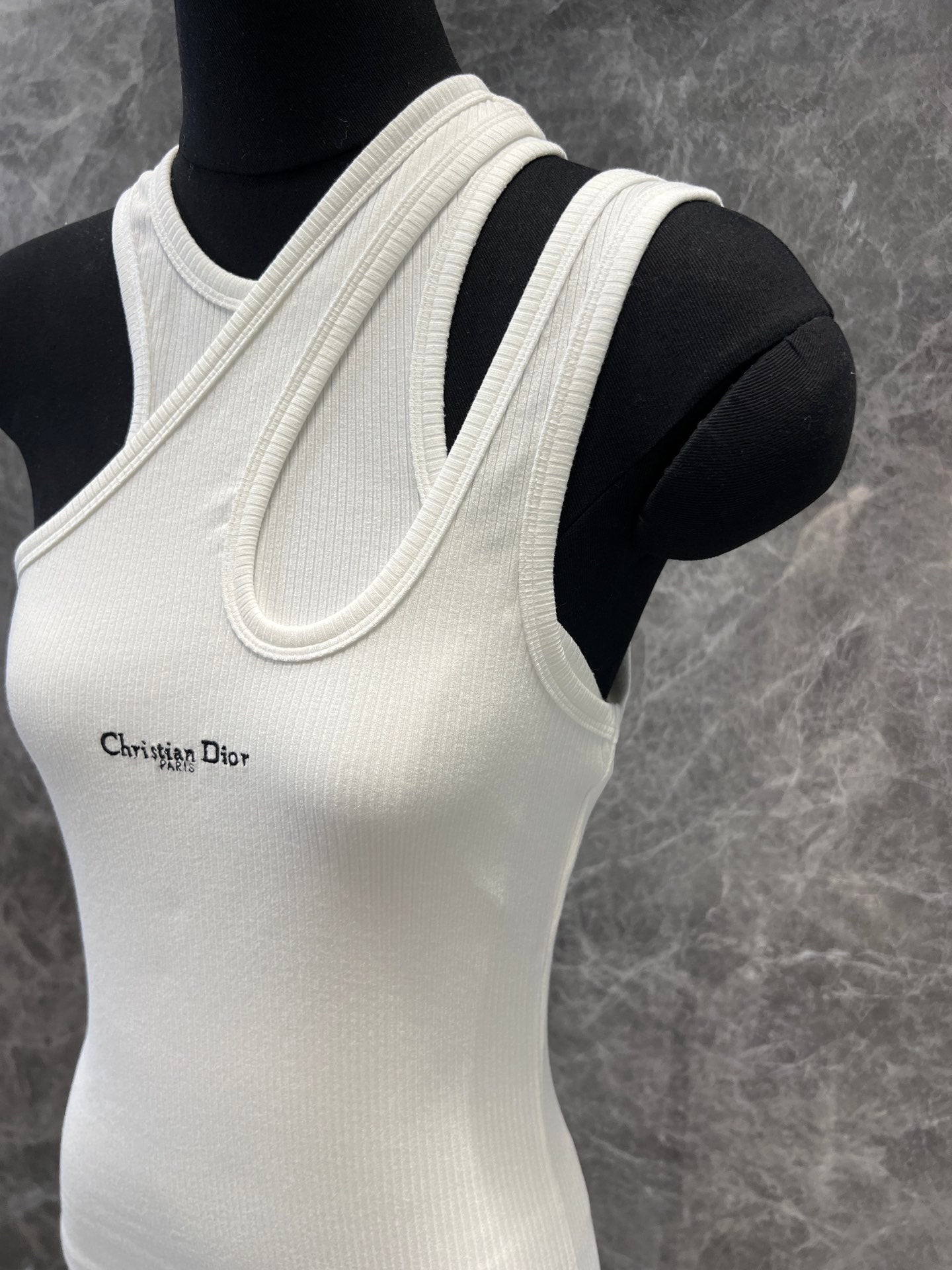 25ss Monogrammed Embroidered Cotton Ribbed False Two Piece Asymmetric Tank Top