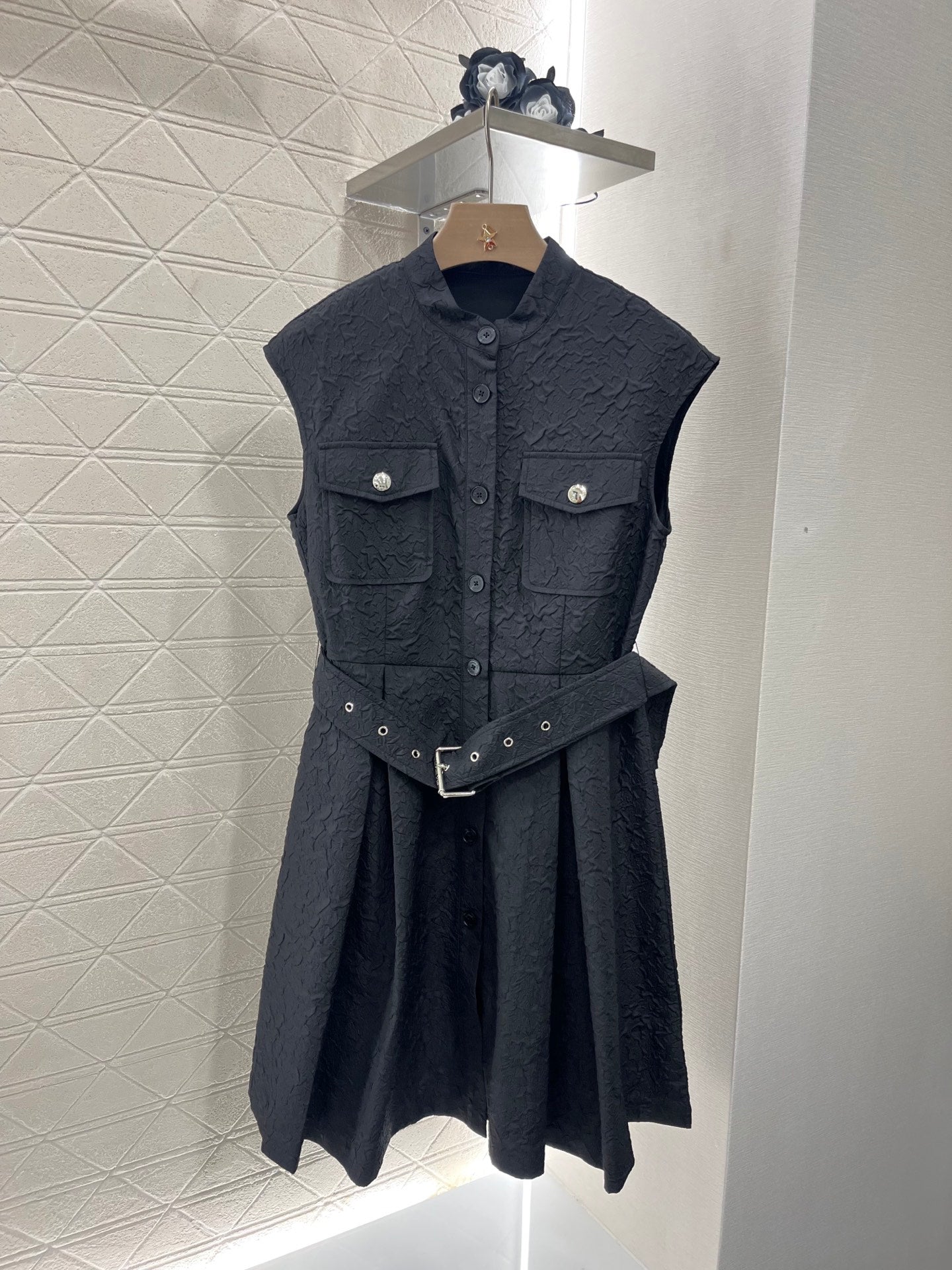 25 Stand Collar Sleeveless Belted Dress