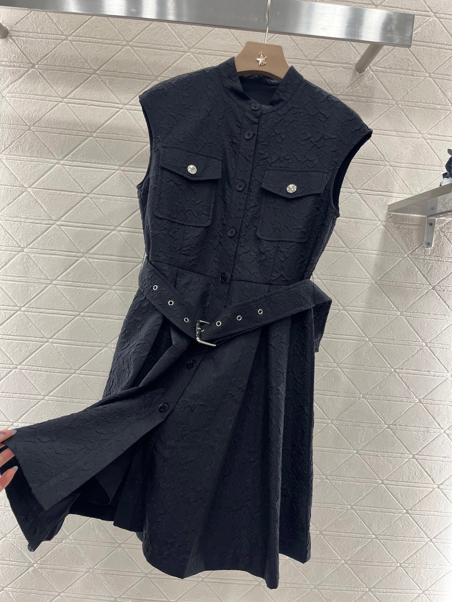 25 Stand Collar Sleeveless Belted Dress